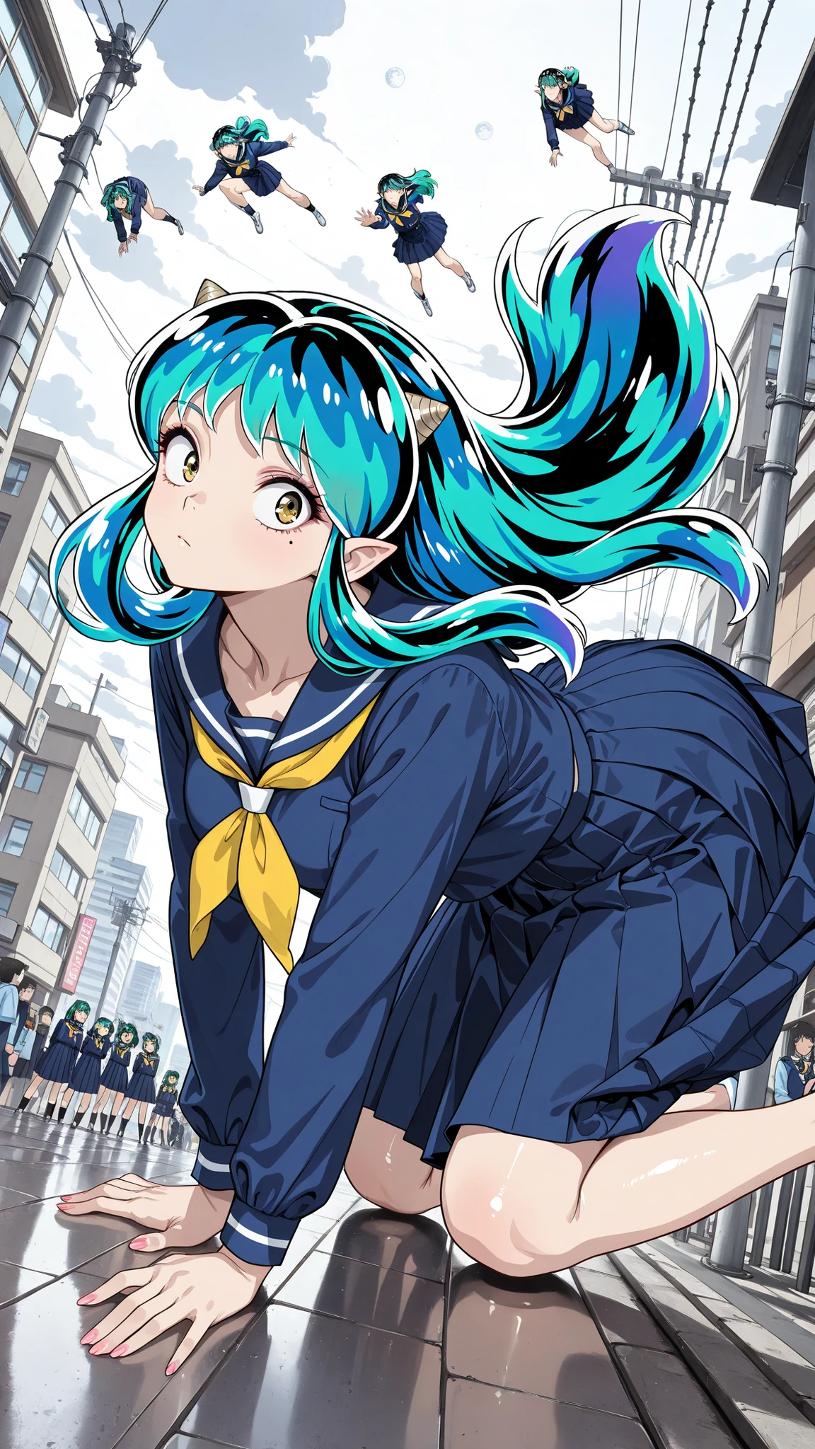 nsfw, score_9, score_8_up, score_7_up, score_6_up, score_5_up, score_4_up, Tag 1 , Tags 2, Quality_masterpiece, (masterpiece, details:1.2), 32K, RAW PHOTO 8k Wallpaper, extremely details CG, romantic, beautiful details face, very delicate and beautiful, super fine illustration, intricate details clothes, bizarre things, anatomically correct, beautiful face, perfect face, Highly details beautiful face and eyes, attractive face, detailsな顔, Delicate Facial Features, detailsな肌, medium breasted, Slender, glossy skin, shiny, adipose muscle, mole under eye, Lashes, No expression, Satisfying BREAK Ratings_EXPLICIT, beautiful fingers , Beautiful Nails, face focus, upper body, side of the sky, from above, Lysis, , (Ramxl, Ram, long hair, green hair, Aqua Hair, Multi Colored Hair, cornhorn, pointy ears, , (uniform, uniform, blue shirt, Long Sleeve Only, blue skirt, pleated skirt, yellow neckerchief, sailor color/long dress), , Ram - うる星やつら), (is on all fours:1.4), BREAK, (In the air:1.5), (flying:1.5), (stretch both legs:1.5), , dynamic angle, dynamic pose, stares at viewers, , BREAK, (hyperrealism art style, details_Background, Amazing Scenery, , Showa Era Big City Center, standing in front of a candy store, Low-rise stores lined up in front of dagashi stores, Electric pole, power lines, Retro Signage, many people々, Narrow Unpaved Alley, White Clouds and Moon)