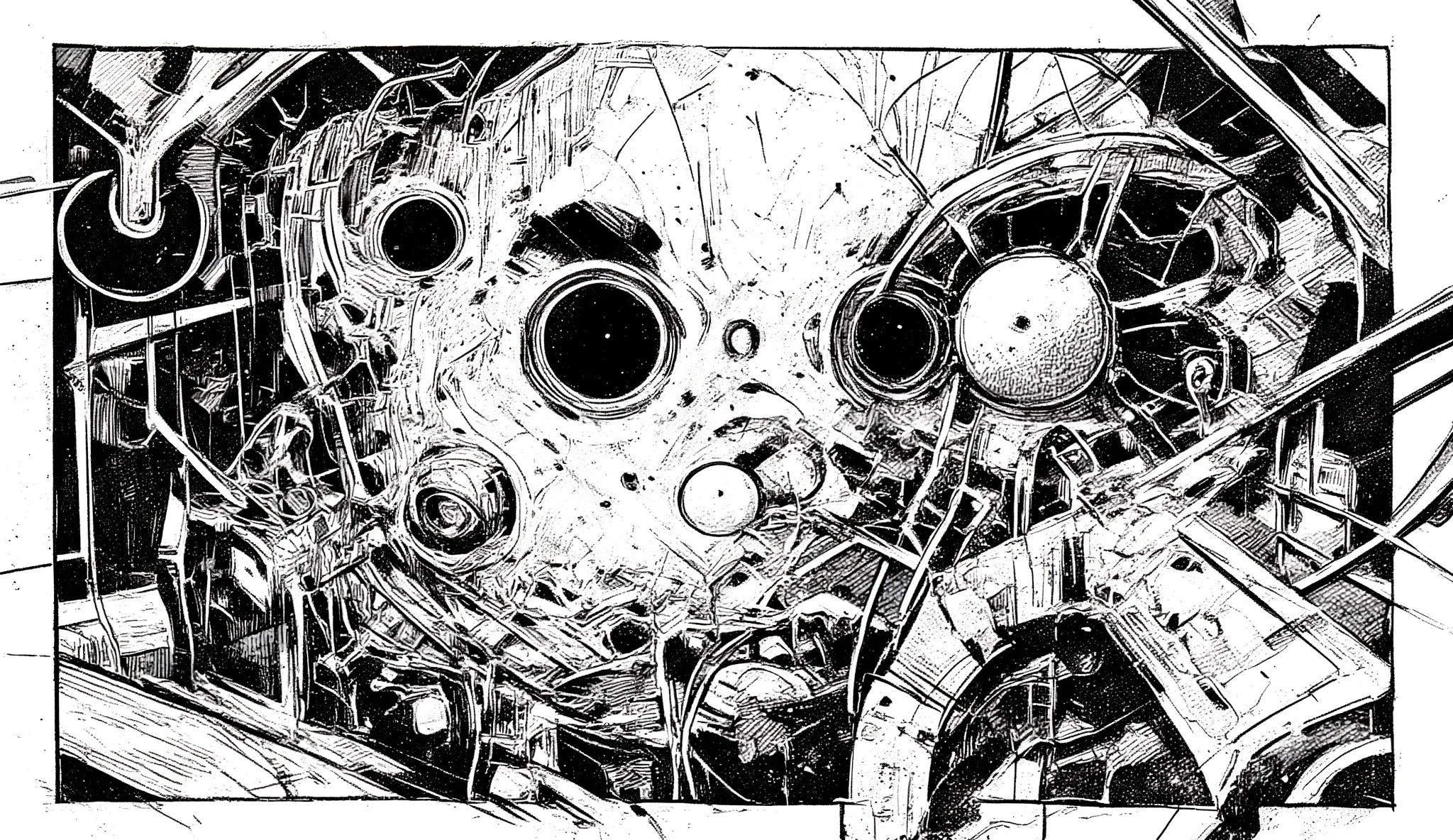 a black and white sketch depicting a chaotic, detailed scene,intense abstract elements,have eyes in the center, 特大に見える, with pupils dilated,drawn in a dense crosshatch style and has a rough texture,abstract shapes and lines like々around the eye that look oversized, have an otherworldly atmosphere ,on the sides facet There is a, goggles and machine parts,industrial steampunk vibe,The background is filled with intricate lines and dot patterns、suggests an environment full of energy,The solid black base forms a vivid contrast with white paper and thin lines,dramatic and surreal atmosphere,The composition is cluttered,Intentional,explore depth of detail,dynamic illustration, ultra-fine ink line art , many details, ink sketch, Terada Katsuya's style, lots of details, pen and ink work,Clear Focus, ink outline, A detailed drawing of a beautiful line drawing, insanely detailed line drawing