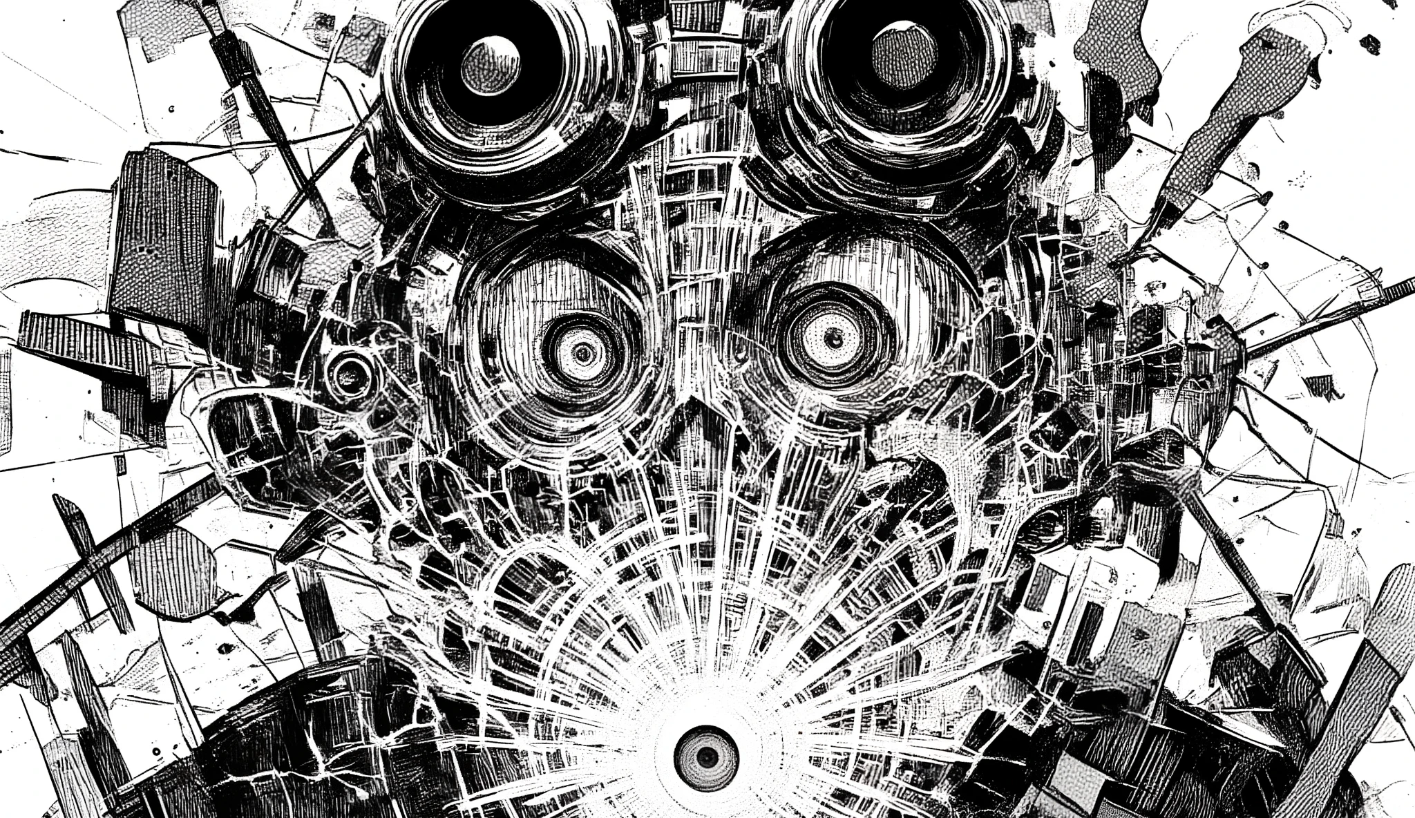 a black and white sketch depicting a chaotic, detailed scene,intense abstract elements,have eyes in the center, 特大に見える, with pupils dilated,drawn in a dense crosshatch style and has a rough texture,abstract shapes and lines like々around the eye that look oversized, have an otherworldly atmosphere ,on the sides facet There is a, goggles and machine parts,industrial steampunk vibe,The background is filled with intricate lines and dot patterns、suggests an environment full of energy,The solid black base forms a vivid contrast with white paper and thin lines,dramatic and surreal atmosphere,The composition is cluttered,Intentional,explore depth of detail,dynamic illustration, ultra-fine ink line art , many details, ink sketch, Terada Katsuya's style, lots of details, pen and ink work,Clear Focus, ink outline, A detailed drawing of a beautiful line drawing, insanely detailed line drawing