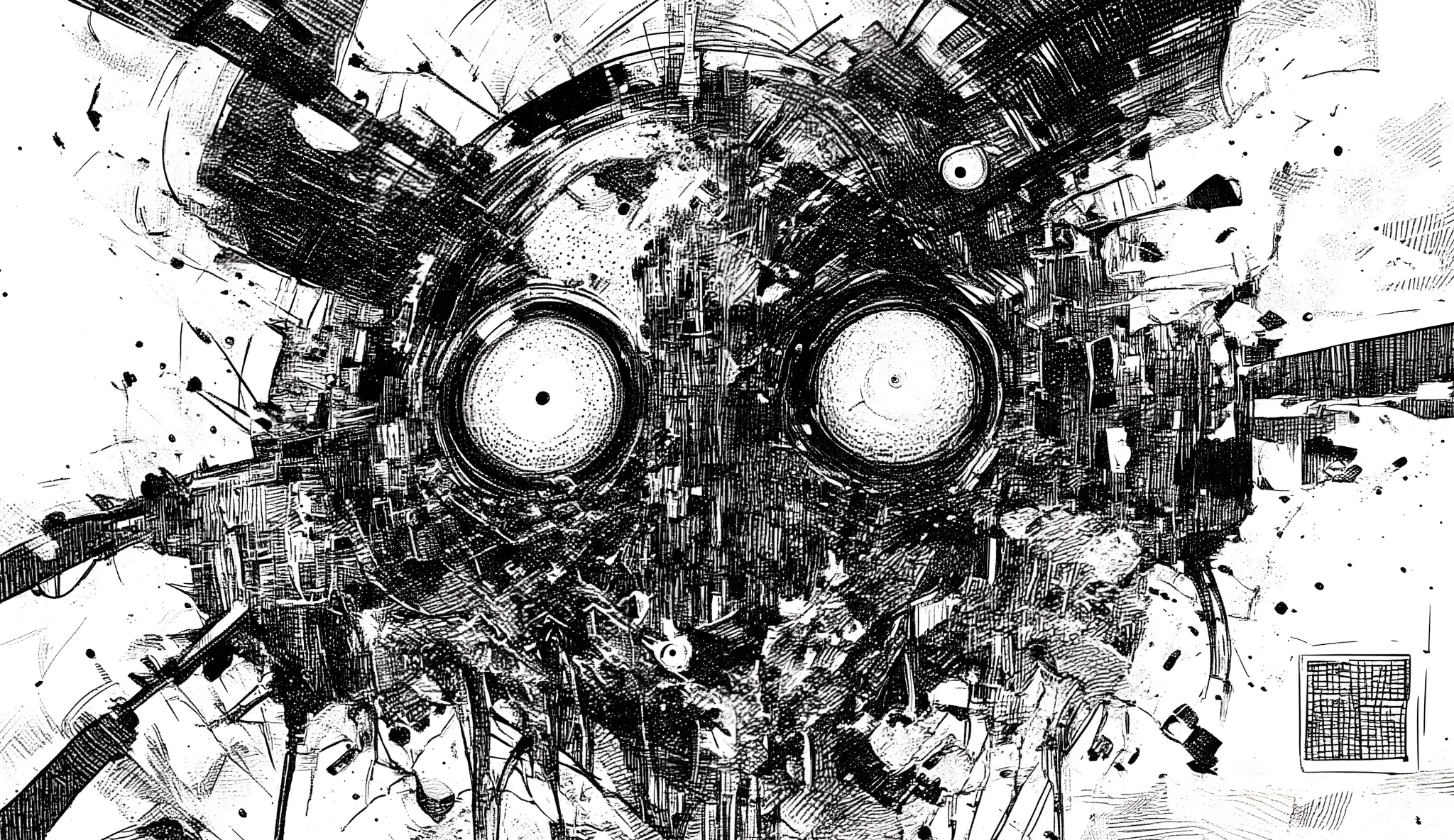 a black and white sketch depicting a chaotic, detailed scene,intense abstract elements,have eyes in the center, 特大に見える, with pupils dilated,drawn in a dense crosshatch style and has a rough texture,abstract shapes and lines like々around the eye that look oversized, have an otherworldly atmosphere ,on the sides facet There is a, goggles and machine parts,industrial steampunk vibe,The background is filled with intricate lines and dot patterns、suggests an environment full of energy,The solid black base forms a vivid contrast with white paper and thin lines,dramatic and surreal atmosphere,The composition is cluttered,Intentional,explore depth of detail,dynamic illustration, ultra-fine ink line art , many details, ink sketch, Terada Katsuya's style, lots of details, pen and ink work,Clear Focus, ink outline, A detailed drawing of a beautiful line drawing, insanely detailed line drawing