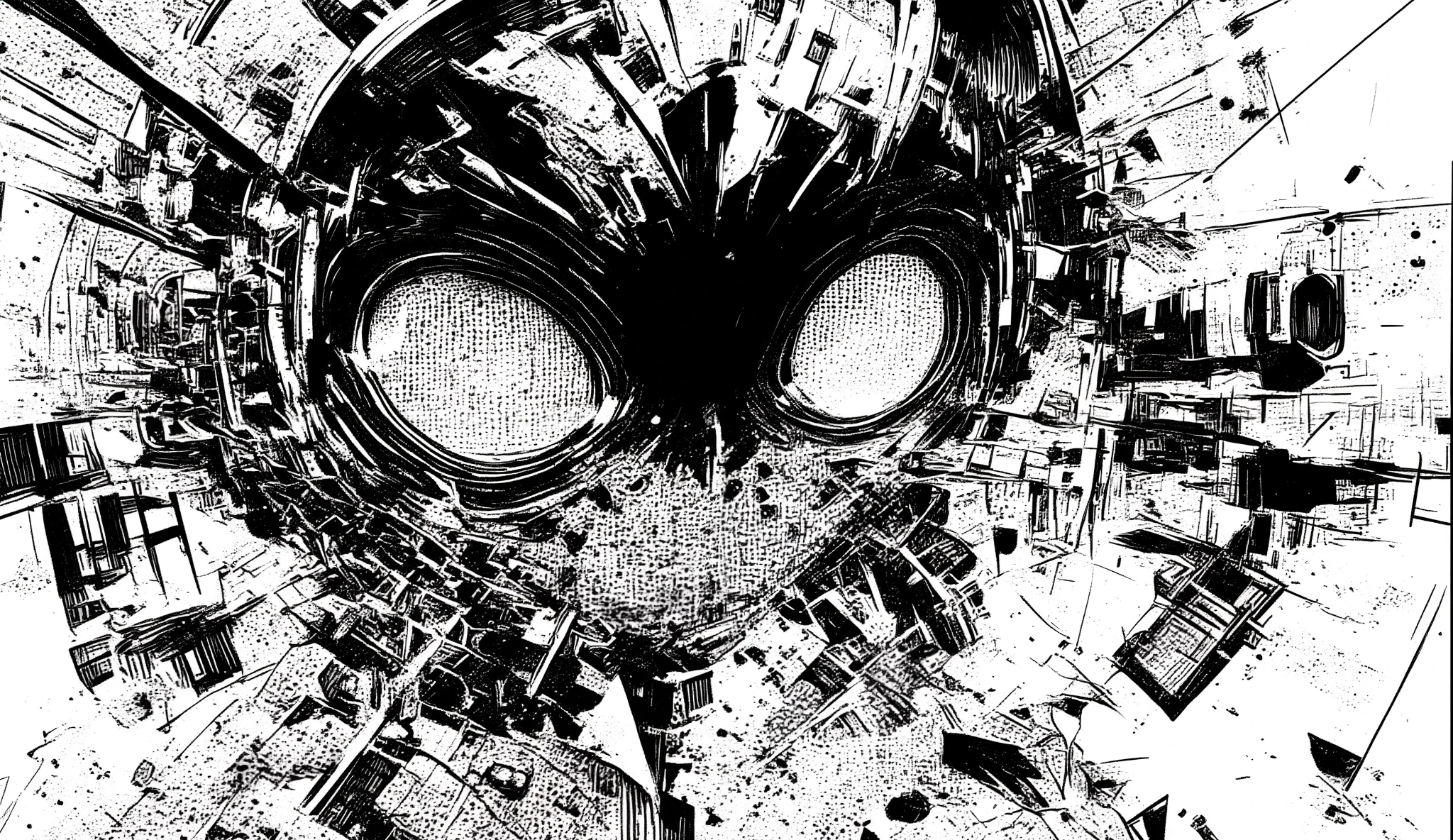 a black and white sketch depicting a chaotic, detailed scene,intense abstract elements,have eyes in the center, 特大に見える, with pupils dilated,drawn in a dense crosshatch style and has a rough texture,abstract shapes and lines like々around the eye that look oversized, have an otherworldly atmosphere ,on the sides facet There is a, goggles and machine parts,industrial steampunk vibe,The background is filled with intricate lines and dot patterns、suggests an environment full of energy,The solid black base forms a vivid contrast with white paper and thin lines,dramatic and surreal atmosphere,The composition is cluttered,Intentional,explore depth of detail,dynamic illustration, ultra-fine ink line art , many details, ink sketch, Terada Katsuya's style, lots of details, pen and ink work,Clear Focus, ink outline, A detailed drawing of a beautiful line drawing, insanely detailed line drawing