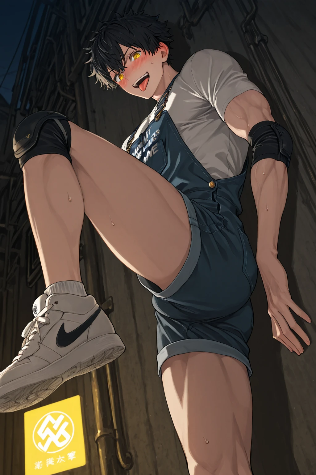 A 25-year-old man，Nice blue eyes，white short hair，Kick shh，perspire，Sun'rays，Streets，automobile，Black cartoon short sleeves ，black short shorts，sidelighting, Masterpiece of the best quality，8K，intensely detailed，highly quality，high resolucion