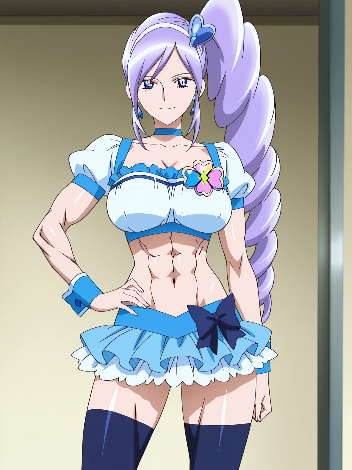 傑作、Best quality、Best resolution、Best image quality、amazing quality、 very aesthetic、 absurdres、anime coloring、anime screencap、anime screenshot、very detailed、Very detailed face、Very detailed eyes、official art、official style、1girl、cure berry、female character is wearing a crop top dress、purple hair、side ponytail hair、high ponytai lhair、very long hair、drill hair、shiny hair、blue eyes、white hair band、heart hair ornament、solo、zodiac girl knight、sparking magical girl、royal elegant pose、anime woman is wearing a white and blue crop top dress、anime woman is wearing a Belly button outfit、wrist cuffs、jewelry、blue neckwear、blue choker、four-colored-clover ornament to left chest、navy blue legwear、navy blue thigh high socks、blue footwear、knee socks、blue boots、heel boots、white and blue crop top dress、big breasts、covered breasts、very large breasts、covered boobs、large boobs、white puffy short sleeves、strong muscles、blue mini skirt、white mini skirt、frilled skirt、layered skirt、white mini skirt under the blue mini skirt、navy blue skirt bow、muscular and strong、lewd anime style、official animestyle、perfect outfit、美しい魅力的なアニメの10代、officialanime art、beefcake standing、official anime artwork、toned body、male like muscles、seductive anime female、 slender body、ポートレート of a zodiac girl knight、female focus、looking at viewer、solo focus、cowboy shot、bare thighs、cool beautiful、bare arms、cool sexy、collarbone、navel、abs、midriff、stomach、covered trapezius、biceps、biceps long head、biceps short head、triceps、triceps medial head、triceps lateral head、triceps long head、brachioradialis、covered deltoids、thigh muscles、covered semitendinosus muscles、covered hamstrings、covered adductor magnus muscles、cool smile、sexy smilemuscular woman、cure berry outfit、beefcake style、separate outfit、battle outfit、accurate outfit、navy blue background、