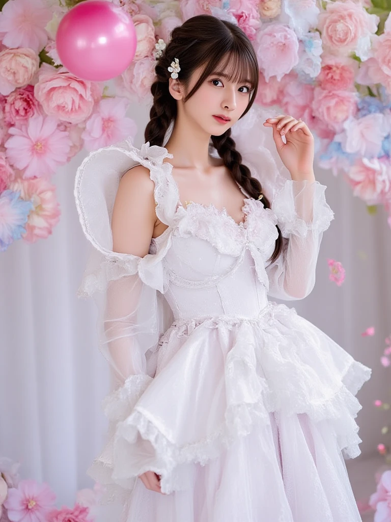 ((Best quality, 8k, Masterpiece, Sharp focus, 35mm lens, f/0.8, amazing beautiful perfect figure :1.4)), side lighting, sexy stylish Asian model, ((bright smile)), ((doll-like appearance)), ((beautiful detailed Victorian-Style boots)), Highly detailed face and skin texture:1.2, super detailed eyes:1.2, super detailed skin, shiny skin:1.2, Blushing ,long lashes:1.2, high-fidelity bangs, brilliant light blonde long random hairstyle, ((sexy Paradise Kiss cosplay)), bell-shaped skirt, petticoats, high neckline, puffed sleeves, (( ultra detailed lace)), ((ultra detailed embroidery)), intricate details, Paradise Kiss accessoires and matching headpiece, choker, ((large sparkling Paradise Kiss jewelry)), cinematic light, detailed large park background with trees