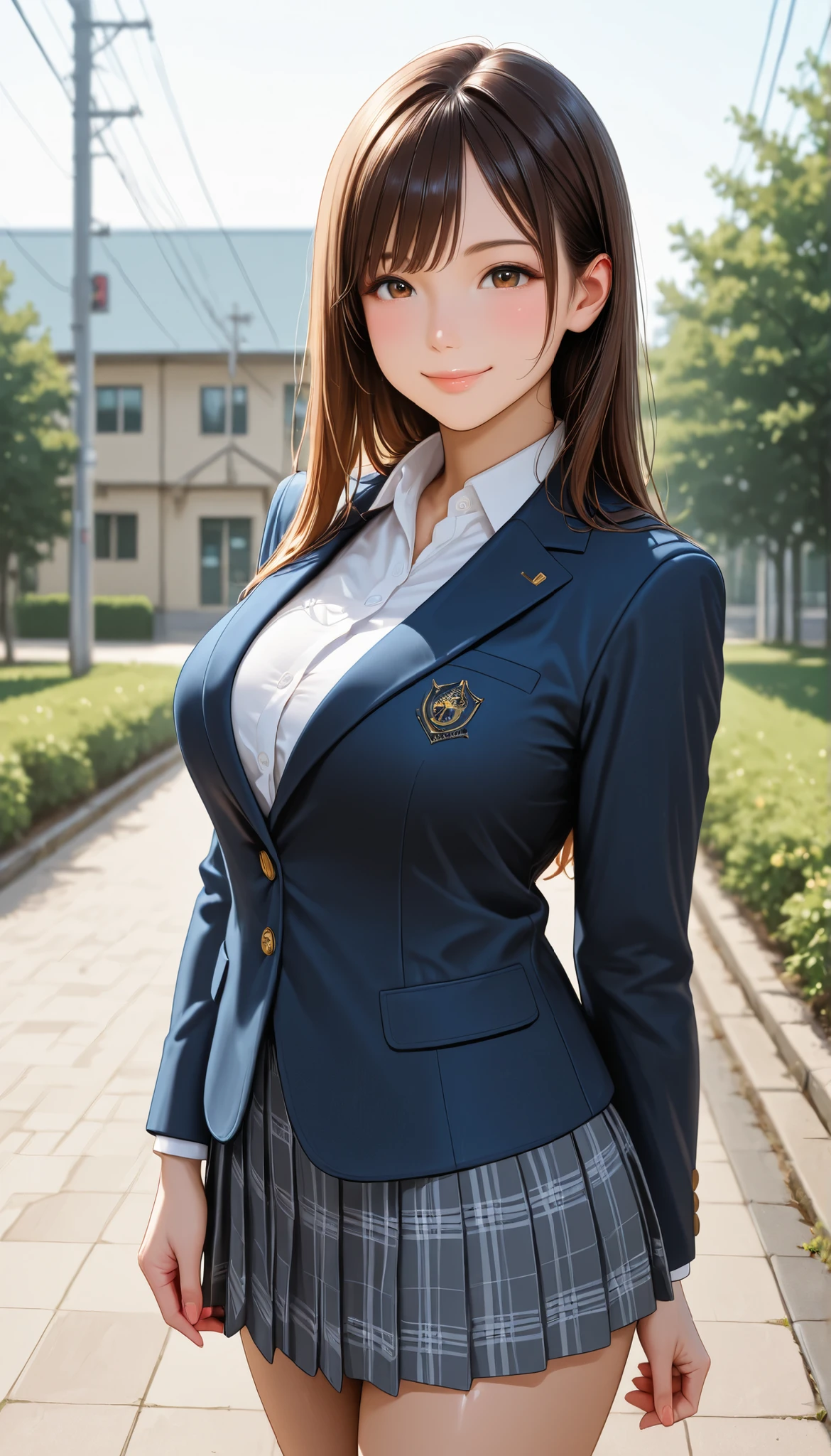 a girl ,solo,school student ,old school uniform, formal attire ,buttoned blazer, shirt ,skirt,thigh,standing ,closed mouth,glossy lips ,looking viewer,outdoor,large  ,smile
