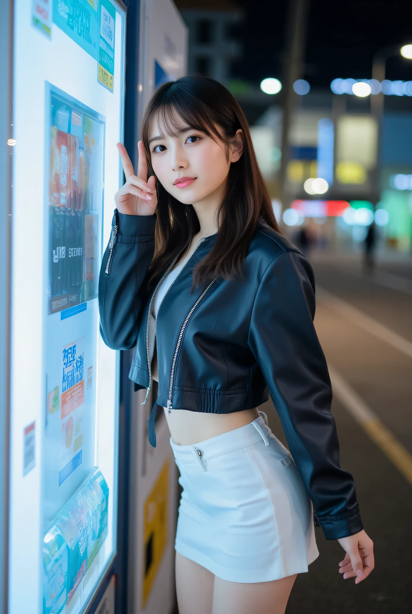ultra detailed,8k, high resolution, beautiful detailed, high contrast, sharp focus, 50mm, f3,5, full body, night city, In side of the vending machine,
best quality, super hyper realism, realistic, photorealism,(realistic skin:1.2), smile, v, japanese solo girl, no makeup, straight-on cinematic portrait,
Japanese girl, oversized clothes, leather jacket, halterneck, cropped sweater, crop top, white skirt, pencil skirt , mini skirt, long boot,