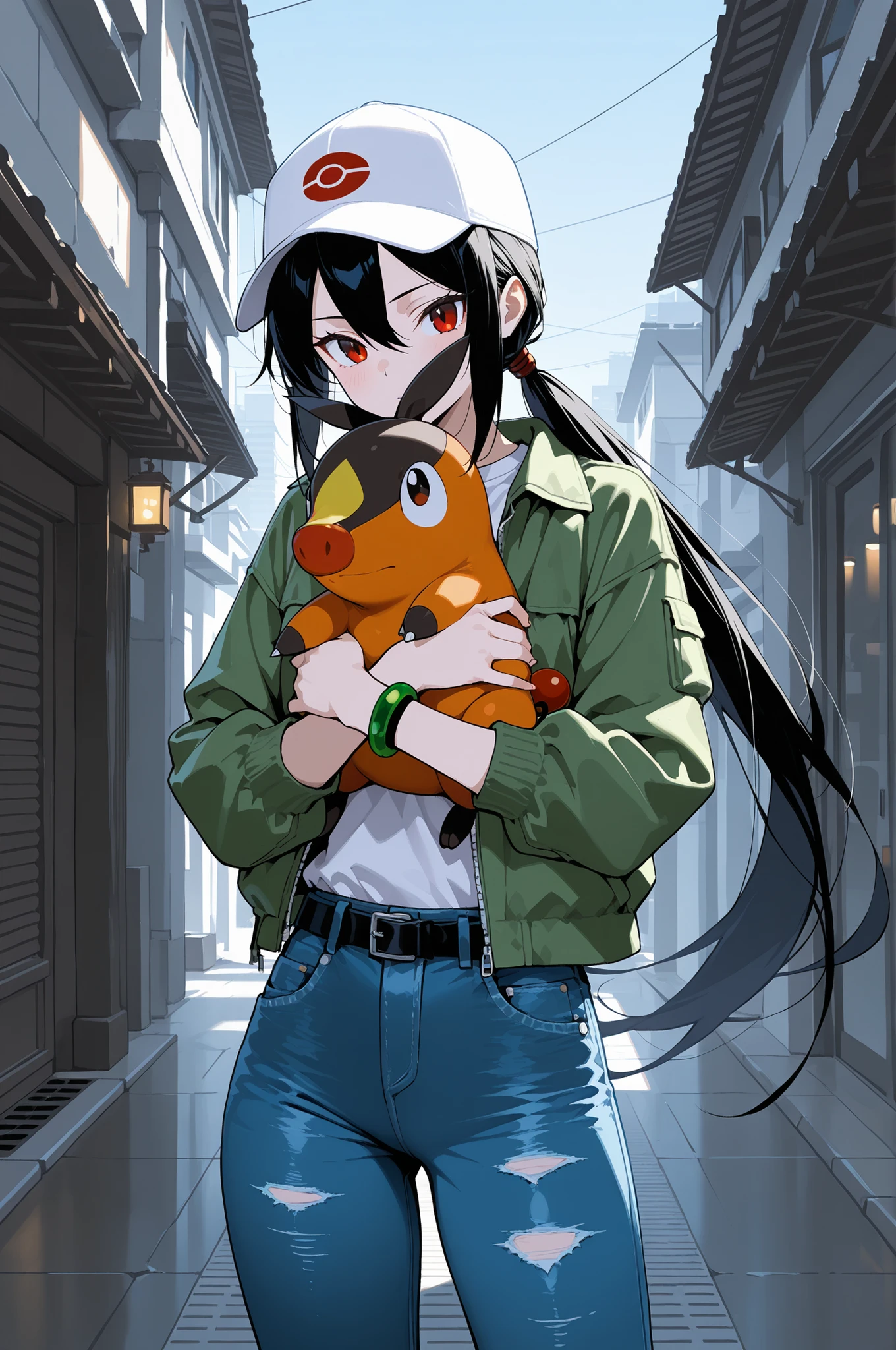 masterpiece, best quality, highres, ultra-detailed, extremely detailed, sharp focus, 8k, UHD, cinematic lighting, beautiful lighting, soft shading, shading, sharp lines, anime style, perfect anatomy,
beautiful girl, 1girl, straight hair, long black hair, long low ponytail, bangs between eyes, sidelocks, red eyes, Black hair tie, (tsurime:0.8), slim, (15 years old), (Small breasts:0.5), hat, white headwear, open jacket, green jacket, long sleeves, single bracelet, white shirt, blue pants, jeans, wide pants, belt, white socks, ribbed socks, shoes, multicolored footwear, blue footwear, In the big city, hugging Tepig, clear sky, upper body, Fletchling