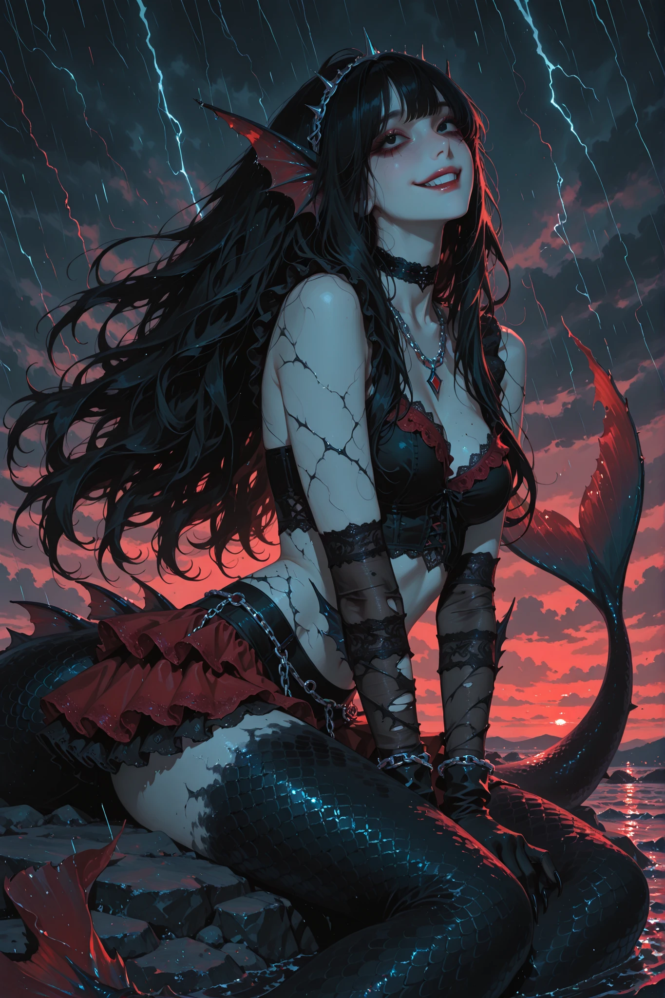 anime style, anime coloring, 8k, HDR, extremely detailed face and eyes, beautiful face and eyes, solo, beautiful, cool, masterpiece, top quality, great
quality, pose, background, highres, matte colouring, flat colouring, matte skin, dynamic hair, dynamic fabric, 1girl, young woman, black eyes, black hair, long hair, bangs, black veins on body, fish fin ears, black claws, black and red, black choker, silver chain accessories, silver chain headband, sheer fabric top, black top, lace, embroidered top, frilly skirt, extremely short red skirt, layered miniskirt, embroidered miniskirt, torn gloves, holes in gloves, torn clothes, 1mermaid_tail, black mermaid tail, red patterns on mermaid tail, intricate patterns, thorn patterns, siren, mermaid, poisonous, necklace, side angle, dark waters, manic smile, villain, crazy look, yandere, flowing hair, flowing fabric, wind, dangerous, spiked fins, storm sea, storm, storm clouds, sitting on rock, surrounded by water