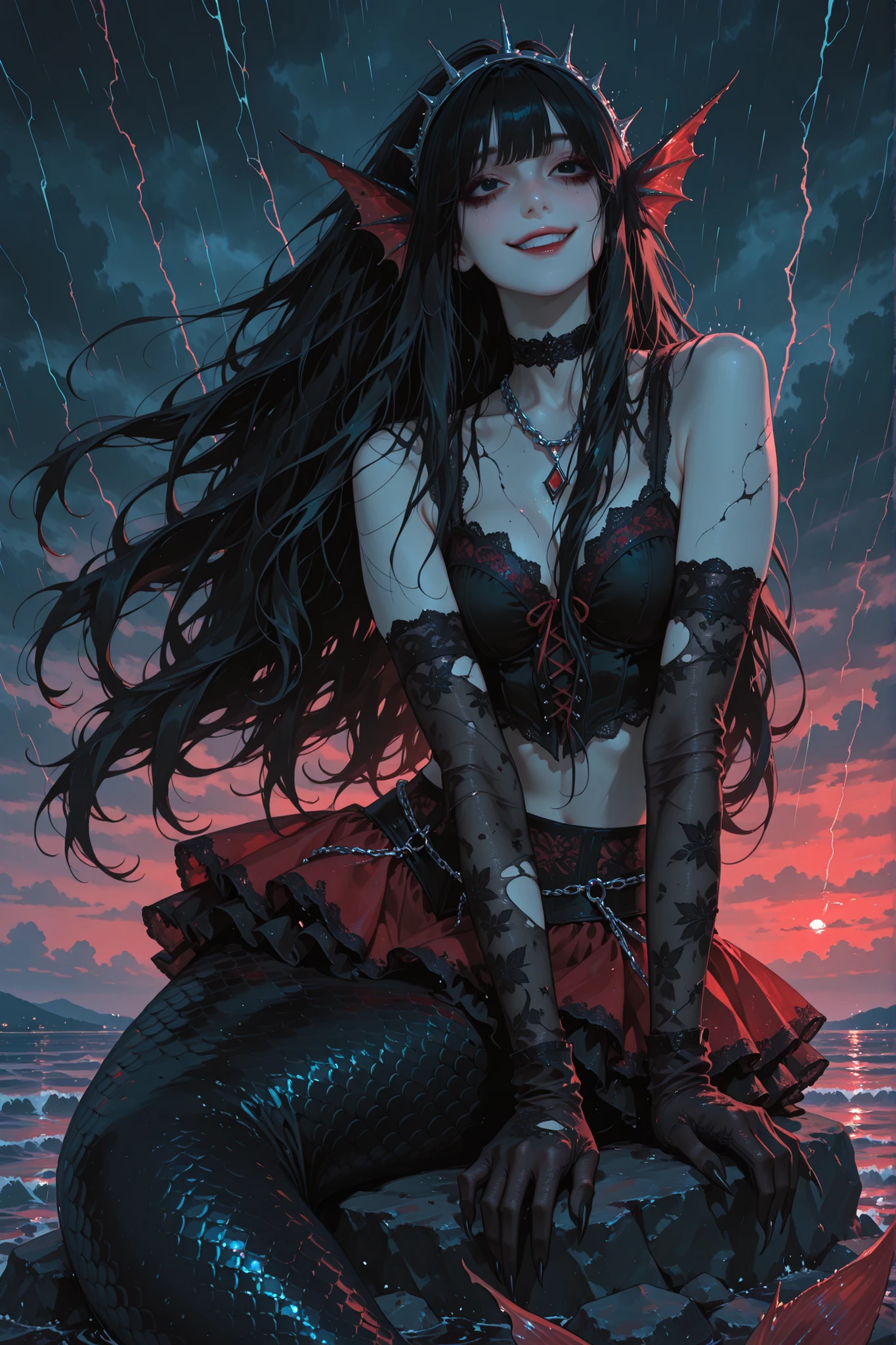 anime style, anime coloring, 8k, HDR, extremely detailed face and eyes, beautiful face and eyes, solo, beautiful, cool, masterpiece, top quality, great
quality, pose, background, highres, matte colouring, flat colouring, matte skin, dynamic hair, dynamic fabric, 1girl, young woman, black eyes, black hair, long hair, bangs, black veins on body, fish fin ears, black claws, black and red, black choker, silver chain accessories, silver chain headband, sheer fabric top, black top, lace, embroidered top, frilly skirt, extremely short red skirt, layered miniskirt, embroidered miniskirt, torn gloves, holes in gloves, torn clothes, 1mermaid_tail, black mermaid tail, red patterns on mermaid tail, intricate patterns, thorn patterns, siren, mermaid, poisonous, necklace, side angle, dark waters, manic smile, villain, crazy look, yandere, flowing hair, flowing fabric, wind, dangerous, spiked fins, storm sea, storm, storm clouds, sitting on rock, surrounded by water