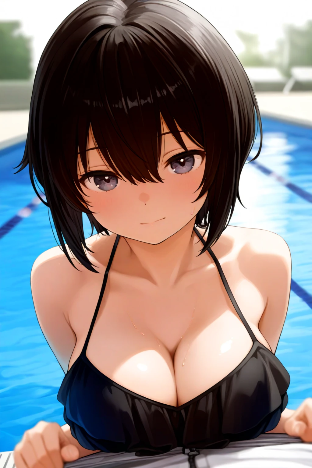 (masterpiece, highest quality, super detailed) ,, (pool:1.4), public, photographer, foreground, phone screen, (crowd), (boys onlookers, being watched, attention, crowd around:1.5) (pointed ), short hair, black hair, , (:1.2), raised, Wet , Sweat, , beautiful face, Big eyes, cute, cute, fog, , white slingshot swimsuit:1.3), (sideboob:1.5), (latex:0.2), slim, from below, , Realistic swimwear, (anime:1.2),