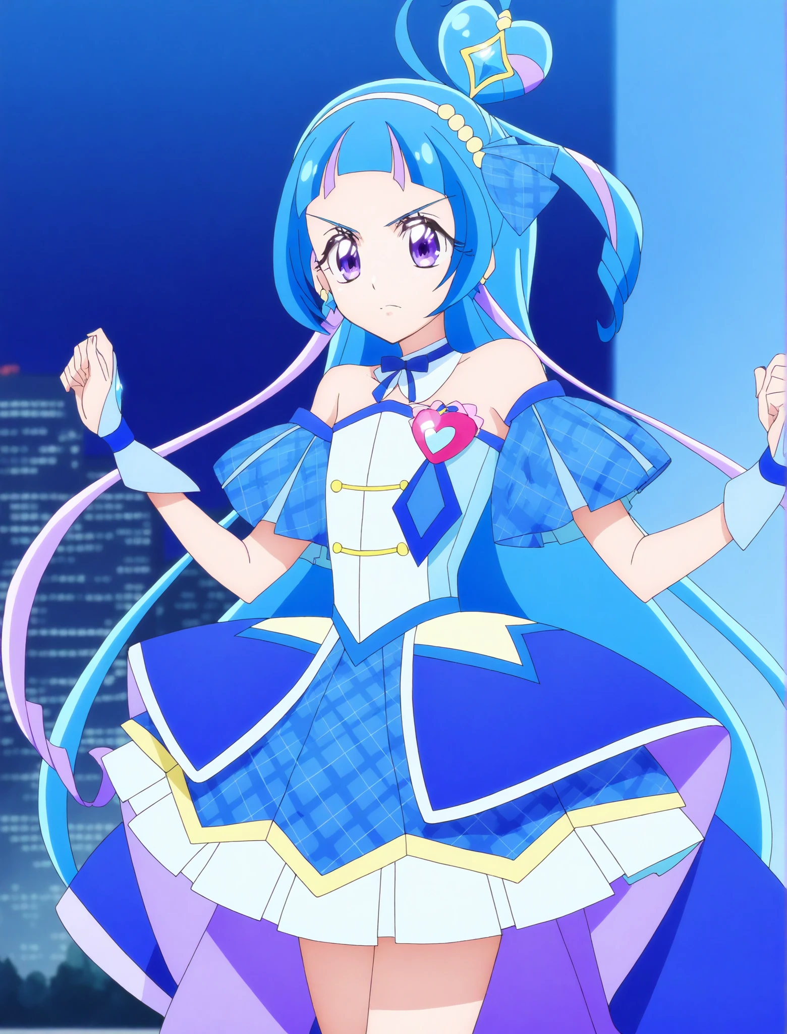 cure wink, kimi to idol precure, blue hair, magical girl, mini crown, purple eyes, blue dress, tilted headwear, very long hair, blunt bangs,  shoulders, hairband, two-tone hair, purple hair, jewelry, idol clothes, masterpiece, best quality, anime, source anime, illustration,idol heart brooch, thigh ,closed mouth ,serious ,glossy lips,standing, arms open ,cowboy shot,from front ,city background