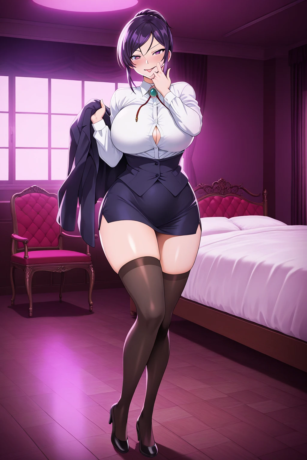 a woman ???? attractive beautiful beautiful beauty tenderness cute happy smiling big ?????? black hair shiny short circular cut her blue eye eyelash slim black pink lip she dresses office suit black metallic long sleeve under white shirt button and her big red ????? thighs sensual big bright red boot red gloves