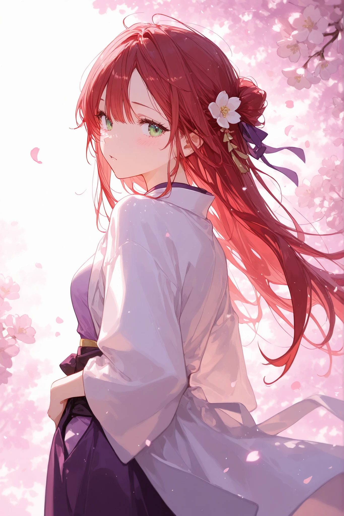 long lashes、very long hair、30 years old、High Resolution、high image quality、very detailed、deep purple kimono、has red hair、half up、 deep green eyes、one hand on the waist、Backlight、Wind Blows、 prism、shy、Hair dancing in the wind、Sideways glance、white coat、Lily Flower Hair Ornament、Background is flowers、straight hair、Asymmetrical Hair、Enchanting、Cherry blossom petals dancing in the wind