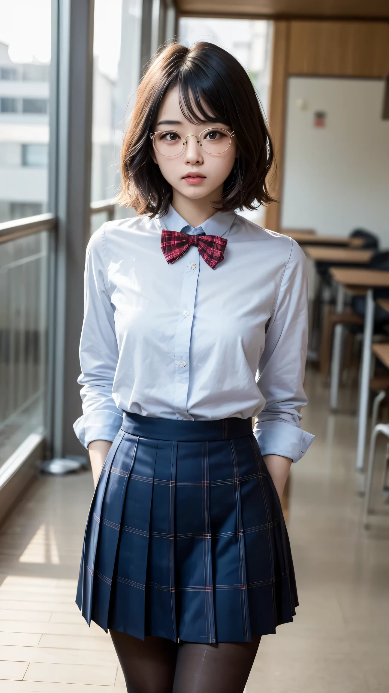 (Long bob cut),(Light blue  shows through),（8K、Raw photography、top-quality、​masterpiece：1.2),glamor,Chromo-white skin,cocky,School,watching at viewers,Looking at the front,Muchimuchi,,Pupils,de pele branca,kne,((Black pantyhose)),absurderes,a small face,small tits,flat breast,Parting the bangs from the middle、Forehead visible,(a cold expression,Tight eyes,glares,Bullish,skinny,Rasping,irate)、​masterpiece,top-quality、超A high resolution,Raw photo,ren,Beautiful fece,One Person, 独奏,eye glass,,Dark look,Small breasts,fullllbody,Round glasses,JK school uniform,hi-school girl,A Japanese Lady,is standing,（Photorealsitic：1.37）、Photon mapping,Realistic、Beautie,Cute little face,Brown-eyed、Black socks、(Red bow tie)、Radio City、Physically Based Rendering、depth of fields、Blurry background、a picture,Body,beauty legs, Long legs, Thin leg,(Bangs are visible), hair, s lips, Blue_The eye, nosesoft,(Light blue shirt), (Navy and blue and white plaid pleated skirt), Knees are visible,Sheer clothing,, Thigh, Black cotton socks,Nogizaka Idol, 女優, Japanese ido