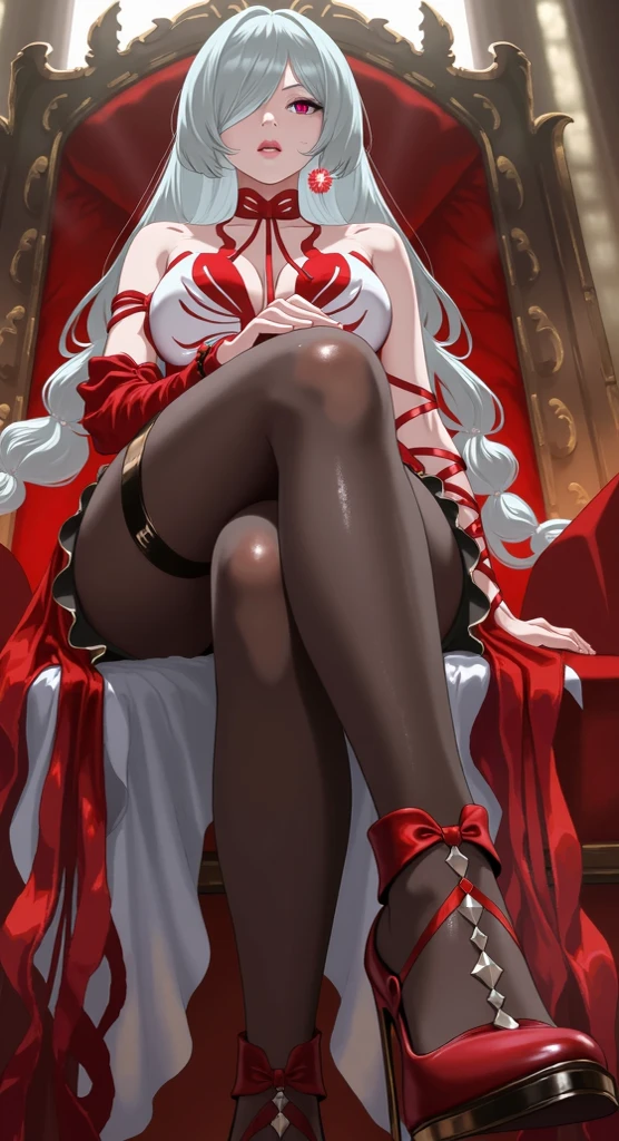 Torn red cheongsam，Broken black pantyhose，huge ，胸前Holes in clothes，Damaged clothes，Holes in clothes，Battle damage，Seriously injured，long white hair，Wipe the blood from the corner of your mouth with your hand，Weak，Gasping lightly，sideways，Half of your  is exposed，Cell phone entangled in octopus tentacles，Entangled by octopus tentacles