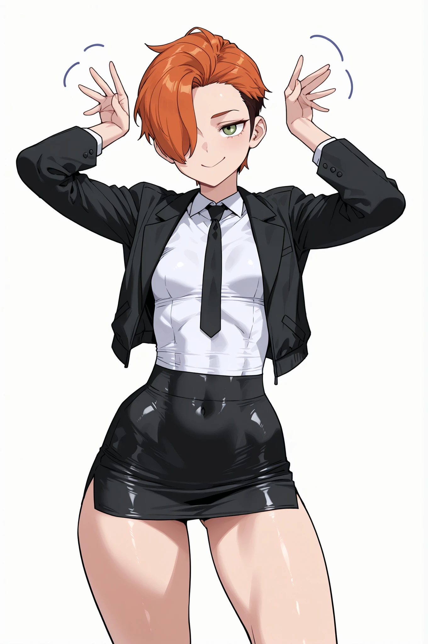 (masterpiece, very aesthetic, absurdres, expressive, perfect face, cartoon style, solo,)
(white background:0.9),
(sexy fit girl with orange pixie cut, green eyes and small breasts:1.0), (wears black jacket, white shirt, black necktie, very short black miniskirt:1.1), (sexy fit tomboy, orange hair slicked back, pixie cut, bangs over one eye, fit body, small breasts, cheeky expression, bare thighs, sexy pose:1.2),