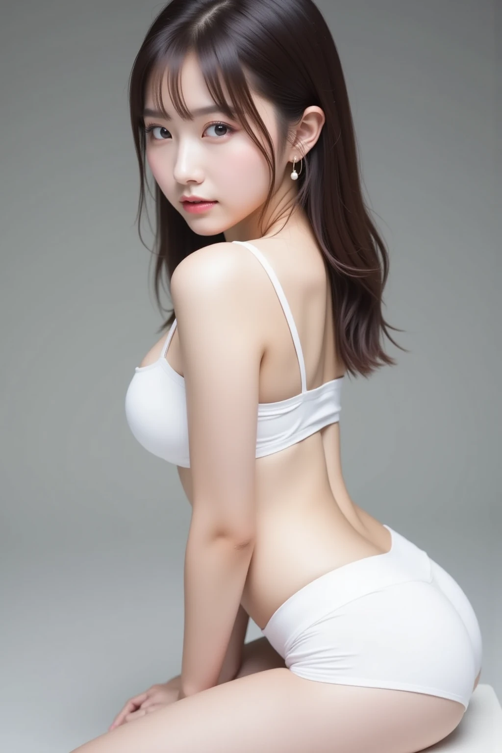 highest quality, super detailed, High resolution, 8K images), ((,white )),((,white bra)),((,show your )), ((stick out )),((,Squat with your  wide spread)), detailed and beautiful eyes,perfectly proportions,(Overflowing ),(Angle  that shows the whole body), A very beautiful and cute girl,22 years old,(anime),kamimei, pitch black background,solo,