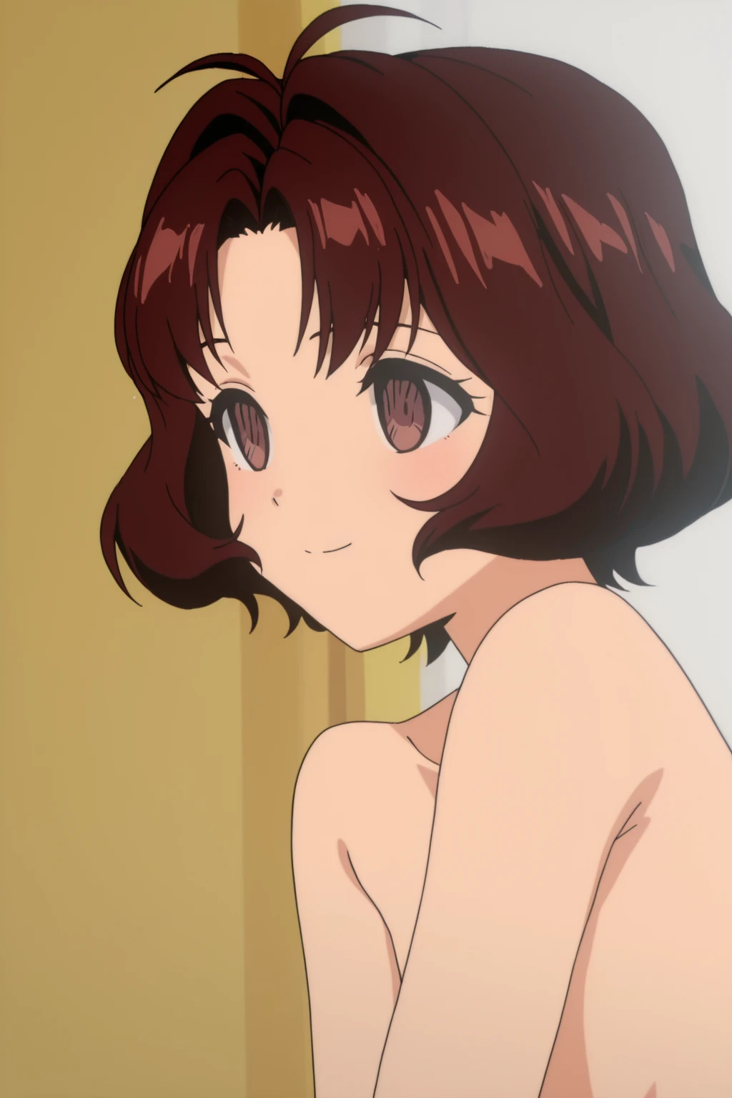 1 girl, small stature, short orange hair, curly hair, naked, look of bliss, inside a stomach