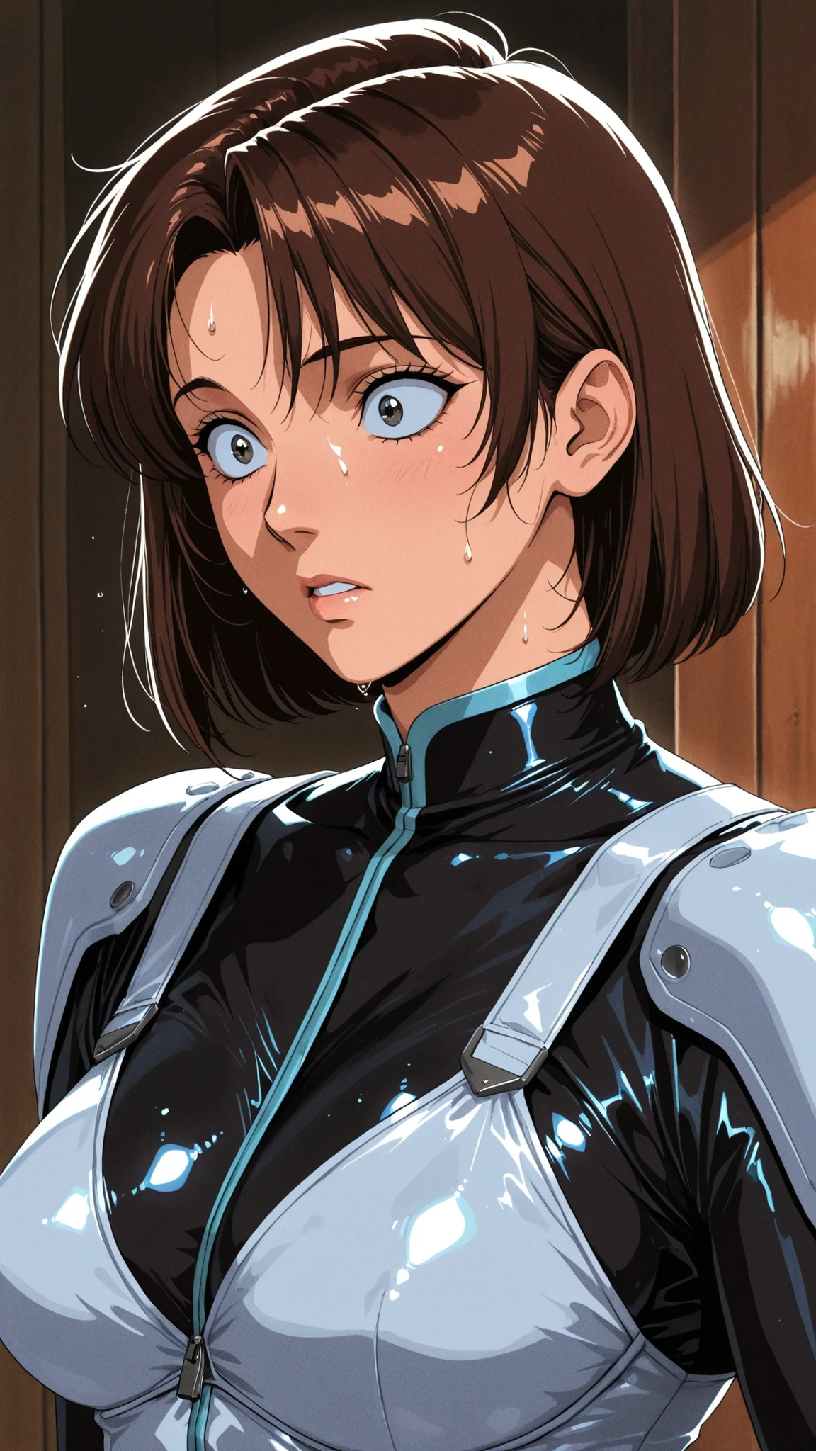 upper body、Upper Class Woman,wide-eyed,1 girl,1990s(style),Anime Coloring,(masterpiece:1.3),(top quality),((shiny costume),(sweat),Maximum Detailed Texture.maximum detail and realistic skin,very detailed, super sharp ,8k resolution