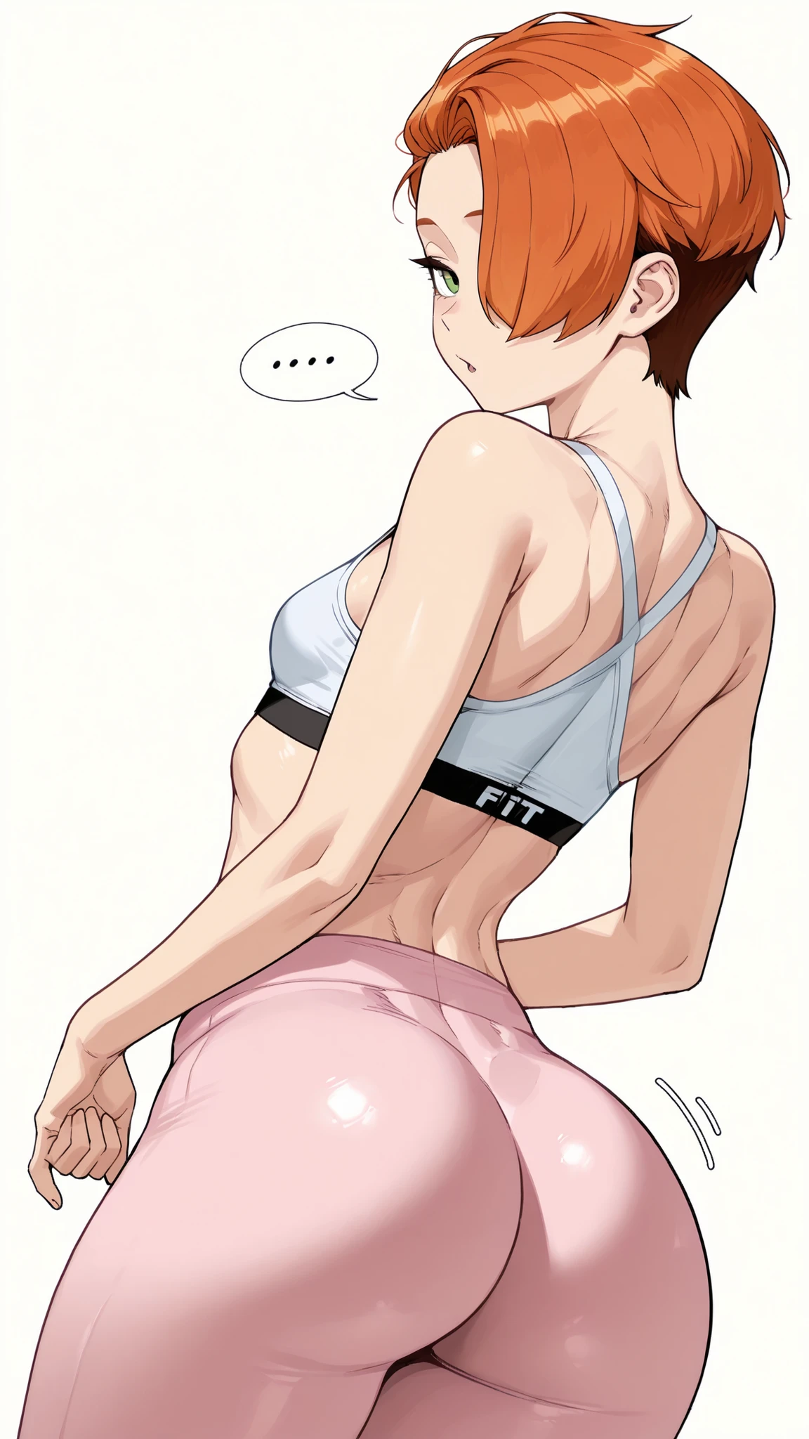 (masterpiece, very aesthetic, absurdres, expressive, perfect face, cartoon style, solo,)
(white background:0.9),
(sexy fit girl with orange pixie cut, green eyes and small breasts:1.0), (wears white sports bra, tight pink leggings:1.1), (from behind sexy fit tomboy, orange hair slicked back, pixie cut, bangs over one eye, fit body, fit back, small breasts, looks back with cheeky expression, seductive pose, fit ass:1.2),