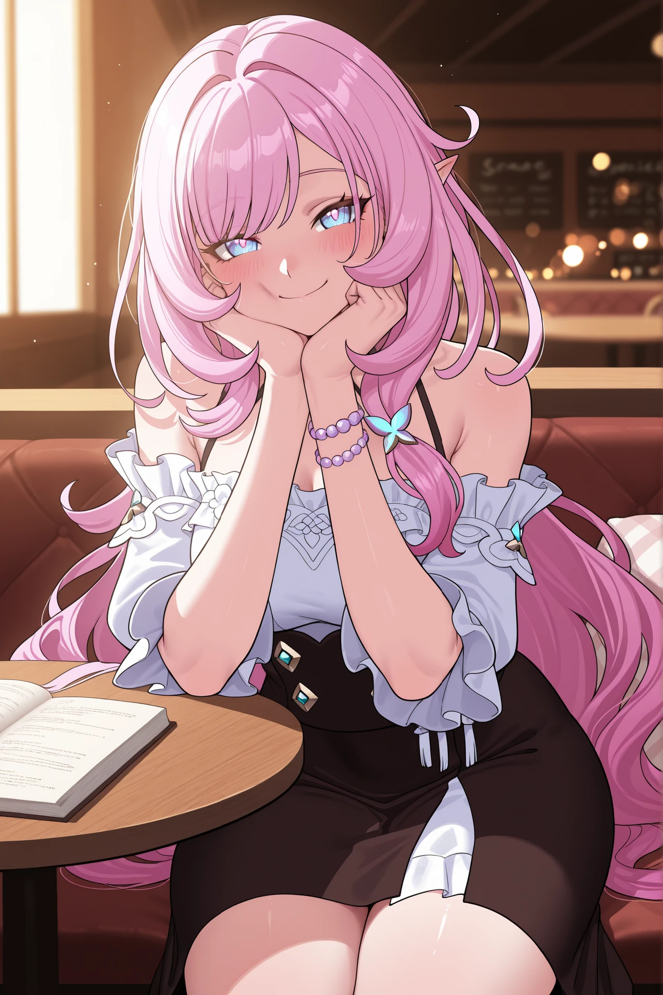elysia_\(honkai_impact\), Mullon art style, high quality, masterpiece, best quality, 1girl, solo, gradient long straight hair let down, blush, bokeh light, score_9, score_8_up, score_8, 1girl, hair let down, long straight hair, pink and white gradient hair, looking at viewer, viewer pov, wavy hair, ((hair let down)), ((straight long hair)), ((wavy hair)), Elysia from Honkai Impact 3rd, long hair, delicate facial features, natural skin texture, professional stylist outfit, off-shoulder beige blouse with high-waisted satin midi skirt, delicate jewelry, sitting on a plush café bench, hugging a soft cushion while slightly leaning to the side, soft warm lighting enhancing the cozy atmosphere, blurred background of café decor and stylish customers, fashionable simple design, face focus, masterpiece, best quality, ultra quality, high detailed, evening time, table, on the table, smile, cheek resting against hands