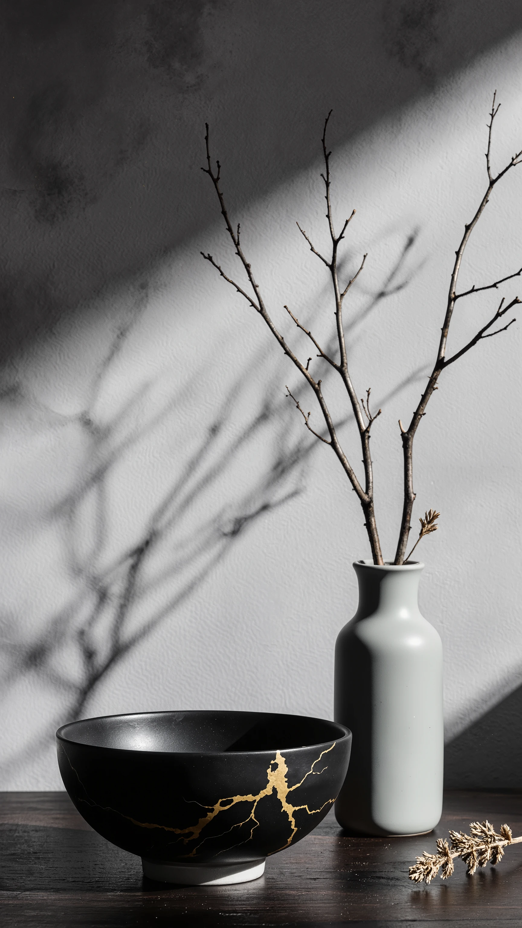 A refined, minimalist still life photograph featuring a Japanese tea bowl reminiscent of an important cultural artifact, exuding timeless elegance and exquisite craftsmanship.
The bowl has a matte black surface with subtle, undulating waves, reflecting the delicate irregularities of hand-shaped ceramic, while maintaining a sense of pristine, venerable beauty rather than heavy wear.
Gold Kintsugi veins trace intricate, branching patterns across the bowl, evoking bare tree limbs, and creating a striking contrast against the dignified black surface.
The tea bowl rests on a dark wooden surface, softly illuminated by diffused, cinematic lighting that emphasizes the texture, curvature, and serene presence of the ceramic.
Nearby, a slender pale gray vase holds a few bare, intricate branches extending gracefully, mirroring the branching gold veins of the Kintsugi.
A small, dried sprig of foliage lies beside the vase, reinforcing quiet contemplation and meditative stillness.
The background is a subtle, mottled gray wall with gentle tonal variations, providing depth without drawing attention from the central objects.
Negative space is preserved, highlighting the balance, harmony, and solemn beauty of the composition.
The overall mood evokes wabi-sabi refinement, Zen minimalism, and meditative elegance, blending timeless craftsmanship with modern photographic clarity.
Style keywords:
still life photography, Japanese tea bowl, matte black ceramic, Kintsugi, gold veins as branches, cultural treasure aesthetic, monochrome, high contrast, minimalism, Zen aesthetic, negative space, soft cinematic lighting, organic forms, timeless elegance