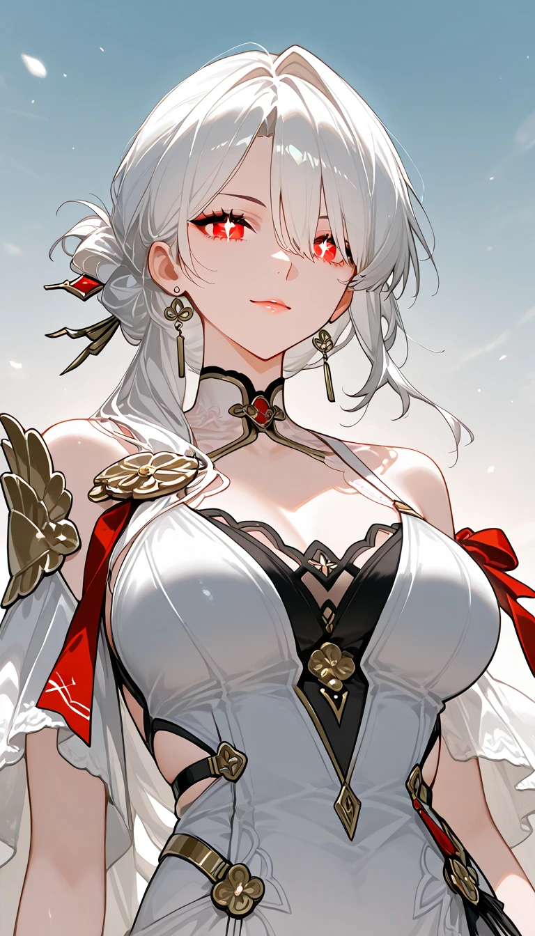 A masterpiece, very detailed, ultra detailed, one, (1 woman), athletic body, six press packs, she is in a ballroom lace red dress with bright gold details, with a fiery sword in her hand and in a standing and fighting position, super mature, tall, -style, mature mother, long hair, bright white hair and wild bangs and tied hair, white demonic horns, beautiful, charming, bright blood-red eyes, elegant, large , neutral face, calm face, charming, against the background of fire, flame and lava.