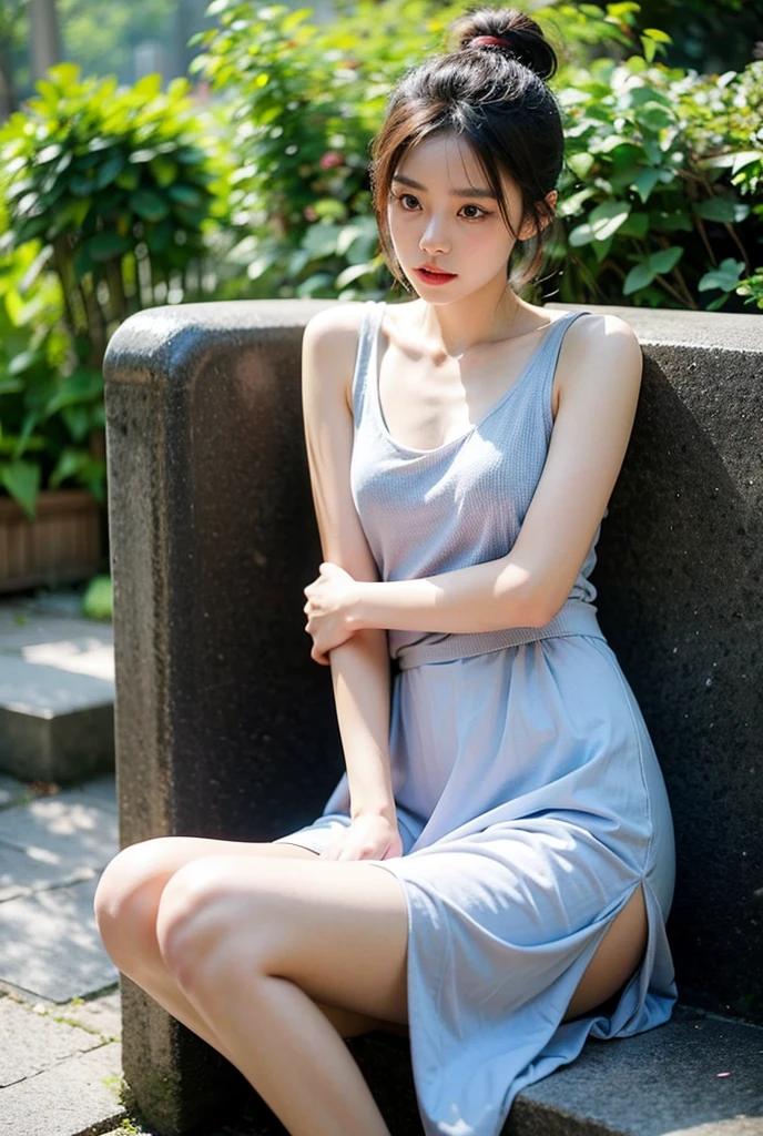 (8k, RAW photos, super high quality, super detailed CG Unity 8k wallpaper, masterpiece: 1.2), one girl, 3D, looking the viewer, laughing, super beautiful detailed eyes, accurate shiny iris depiction, pupil is black, water-based humor shine, ultra-detailed eyelashes, iris with a very slightly black rim, delicate and beautiful hair, ultra-detailed hair, precise shading of hair, delicate hair tips, professional makeup, ultra-detailed lips, Precisely drawn lip wrinkles, beautiful shiny lips, wearing small jewelry earrings, short hair, (shiny skin due to sweat: 0.3), sleeveless ivory dress, precise shading created on clothes, playing knee-deep in a lake in a beautiful forest