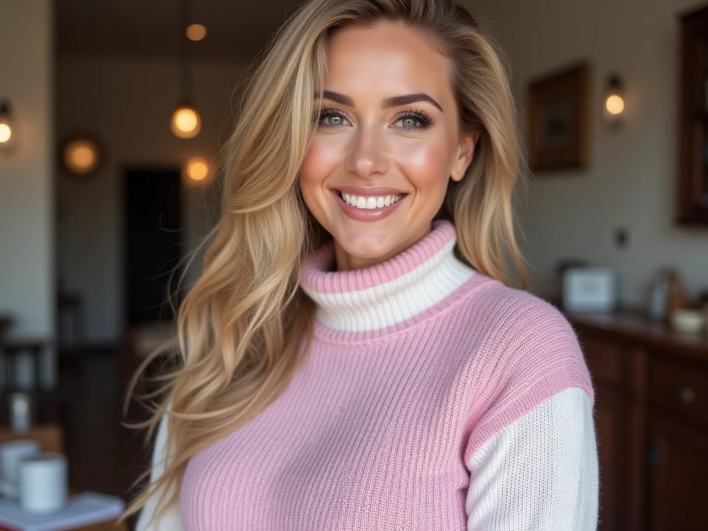 photo of a skinny blonde teen wife messy long hair thrown into a messy bun ponytail. She wears: (turtleneck high ribbed bright tight pink sweater:1.1), pose, high tight ribbed neck, smile, perfect fake , turtleneck top