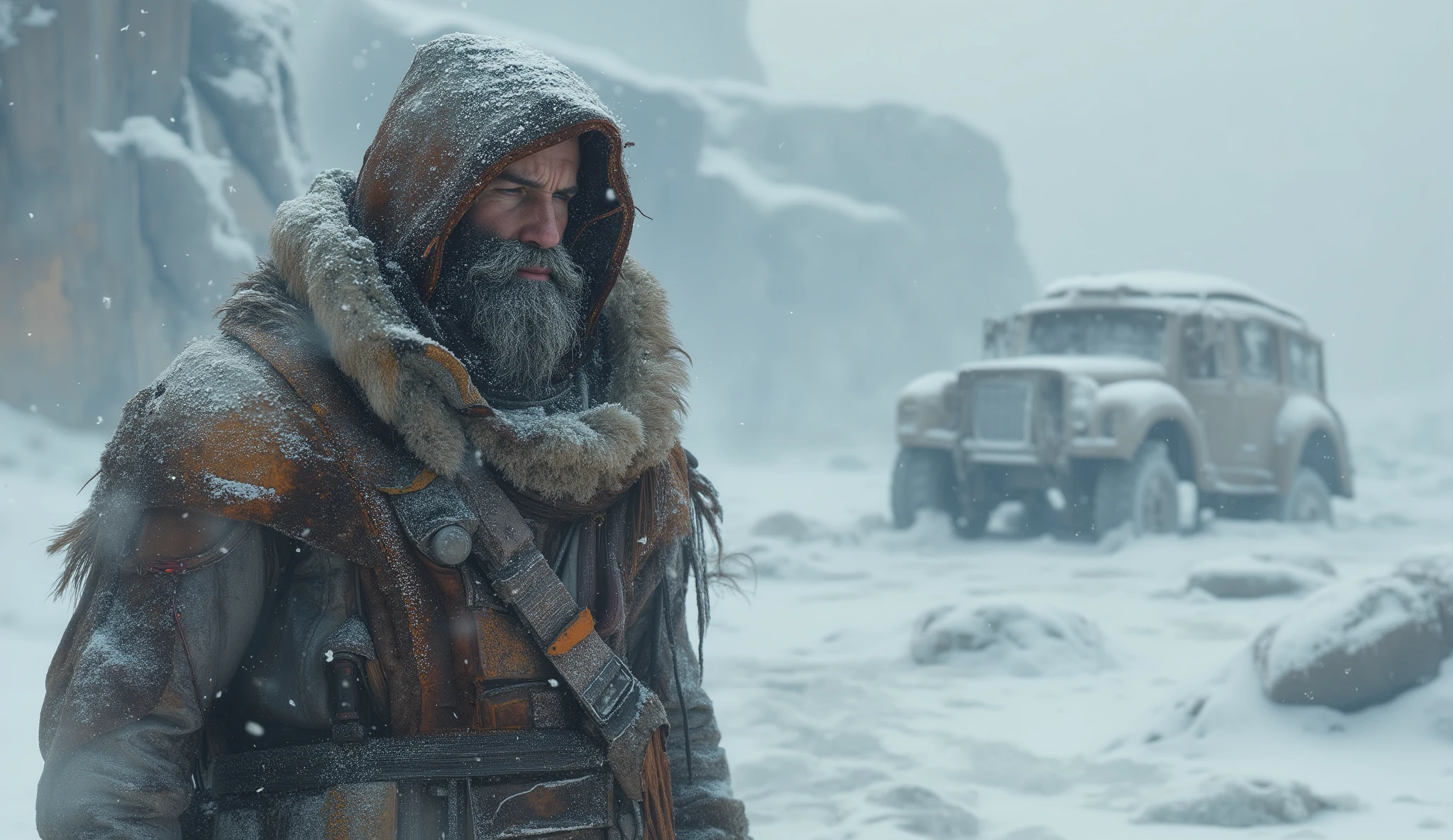 Post-apocalyptic ice age landscape, vast frozen plains and ruined city silhouettes buried under thick frost. Abandoned cars covered in heavy ice, snow-crusted windows, metallic surfaces cracked by extreme cold. A brave bearded traveler wrapped in tattered fur, his beard and eyebrows covered in frost, struggling to make his way through the blizzard. Crisp icy textures, dramatic cold lighting, drifting snow particles, ultra-detailed 128k, cinematic atmosphere, harsh survival mood, 