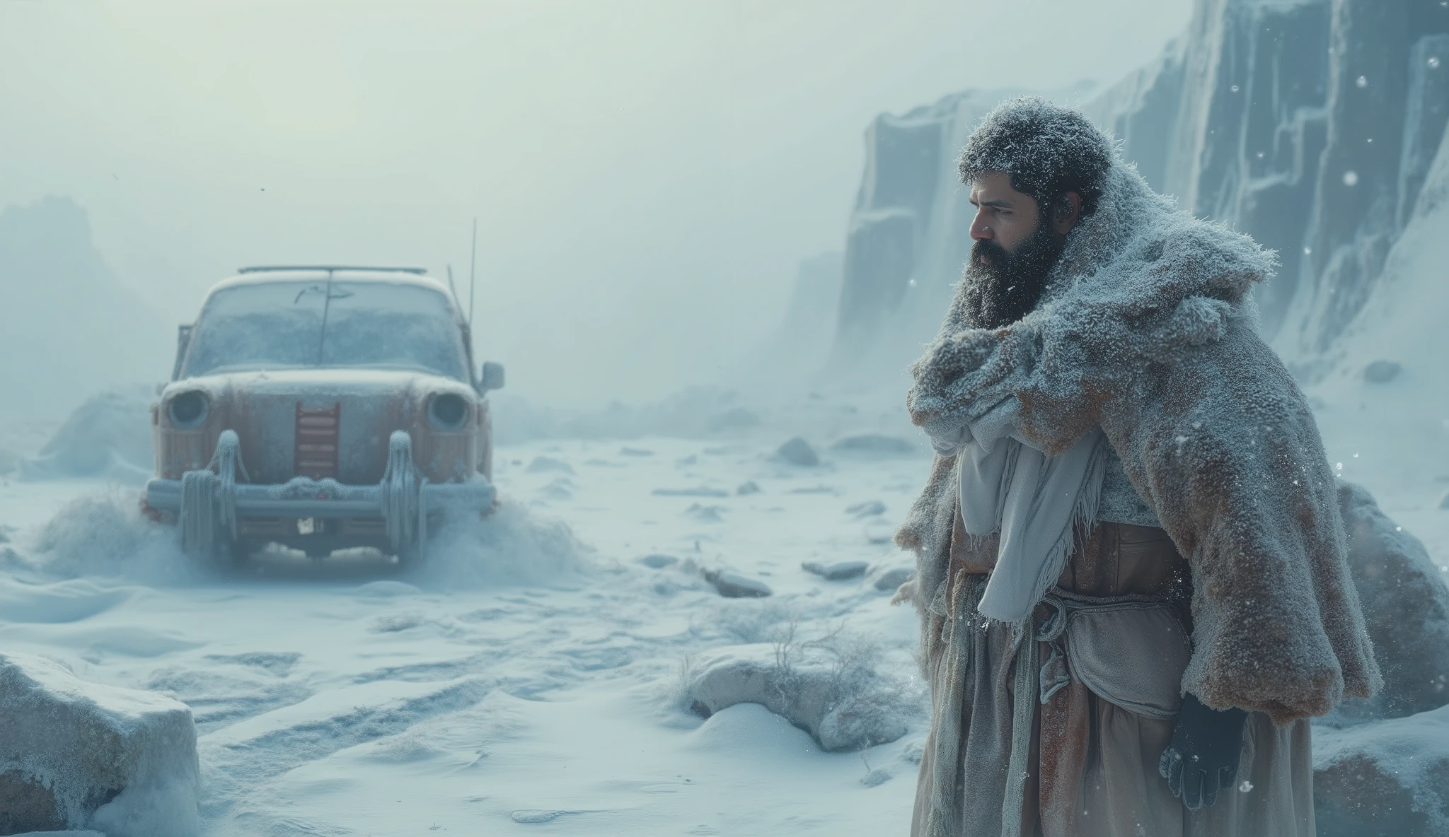Post-apocalyptic ice age landscape, vast frozen plains and ruined city silhouettes buried under thick frost. Abandoned cars covered in heavy ice, snow-crusted windows, metallic surfaces cracked by extreme cold. A brave bearded traveler wrapped in tattered fur, his beard and eyebrows covered in frost, struggling to make his way through the blizzard. Crisp icy textures, dramatic cold lighting, drifting snow particles, ultra-detailed 128k, cinematic atmosphere, harsh survival mood,