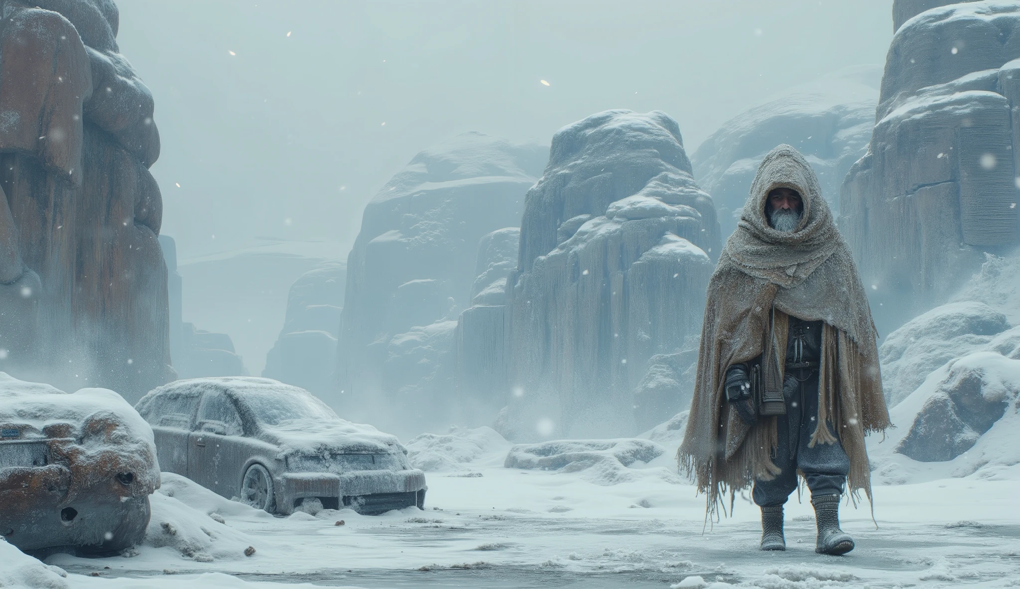 Post-apocalyptic ice age landscape, vast frozen plains and ruined city silhouettes buried under thick frost. Abandoned cars covered in heavy ice, snow-crusted windows, metallic surfaces cracked by extreme cold. A brave bearded traveler wrapped in tattered fur, his beard and eyebrows covered in frost, struggling to make his way through the blizzard. Crisp icy textures, dramatic cold lighting, drifting snow particles, ultra-detailed 128k, cinematic atmosphere, harsh survival mood,