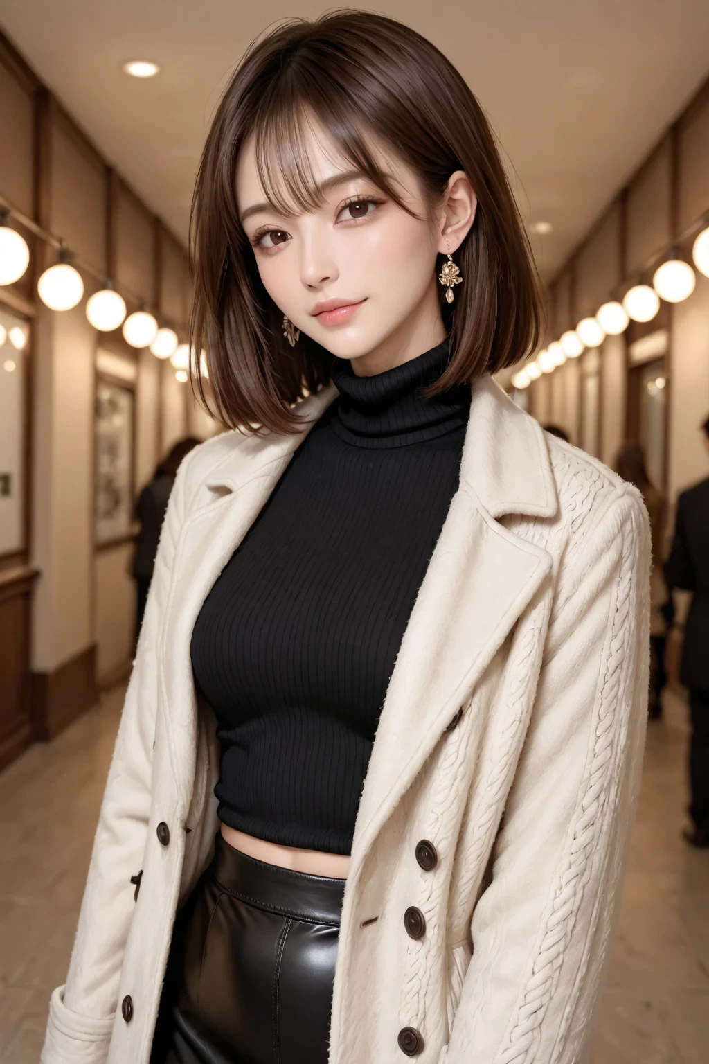 top quality、detailed down to the smallest detail、Ultra High Definition、Elegant woman in her 40s、camel-colored cashmere coat、ivory turtleneck knit、dark brown leather pencil skirt、gold simple earrings、 Sophisticated hairstyle、Calm Colors、Dignified Standing Figure、Soft Lights、High quality space、8K resolution、Sony α7riv、natural light portrait、Cinematic Colors、Smooth Skin Tones、realistic texture expression、Delicate Texture、Perfect Depth of Field、Professional Retouching、Advanced expression of light