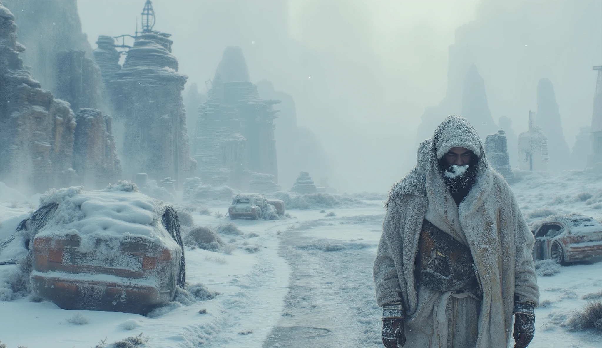Post-apocalyptic ice age landscape, vast frozen plains and ruined city silhouettes buried under thick frost. Abandoned cars covered in heavy ice, snow-crusted windows, metallic surfaces cracked by extreme cold. A brave bearded traveler wrapped in tattered fur, his beard and eyebrows covered in frost, struggling to make his way through the blizzard. Crisp icy textures, dramatic cold lighting, drifting snow particles, ultra-detailed 128k, cinematic atmosphere, harsh survival mood,