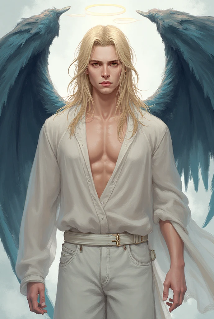 Describir en detalle la figura de un hombre, Archangel with angelic features turned completely to the left. torso denudo, grandes musculos, Como el pelo blanco, largo y liso, Las alas blancas y angelicales en su espalda, as well as its extremely striking beauty, encanto, The elegance and the angelic feeling that emanates from it. Imagine it on a stage with a white background, bathed in a radiant light, and explores how these elements combine to create a captivating, heavenly image.athletic physique, slender, no body hair, wearing nothing, completely  , Realistic, fully , , perfect , male , correct male , perfect , male structure, correct male genitelia, huge and veiny male genitelia, hard male ,  male . (Hombre)