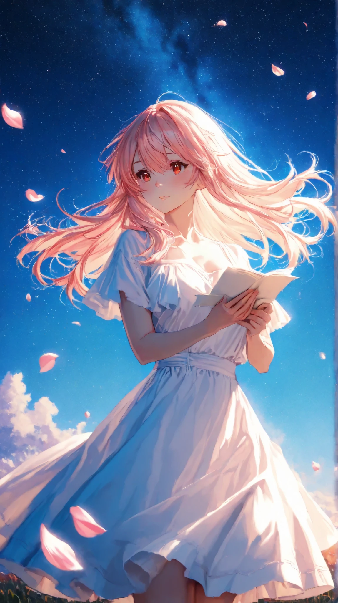 with petals dancing above her lap、Girl Reading a Letter in the Field. The sky is golden , Moment standing still. expressed with dreamy light novel aesthetics, digital pastel illustration. emphasizes the texture of paper, Redness , Petal movement . 8K pictorial accuracy, Soft rim lighting, Poetic story style.
