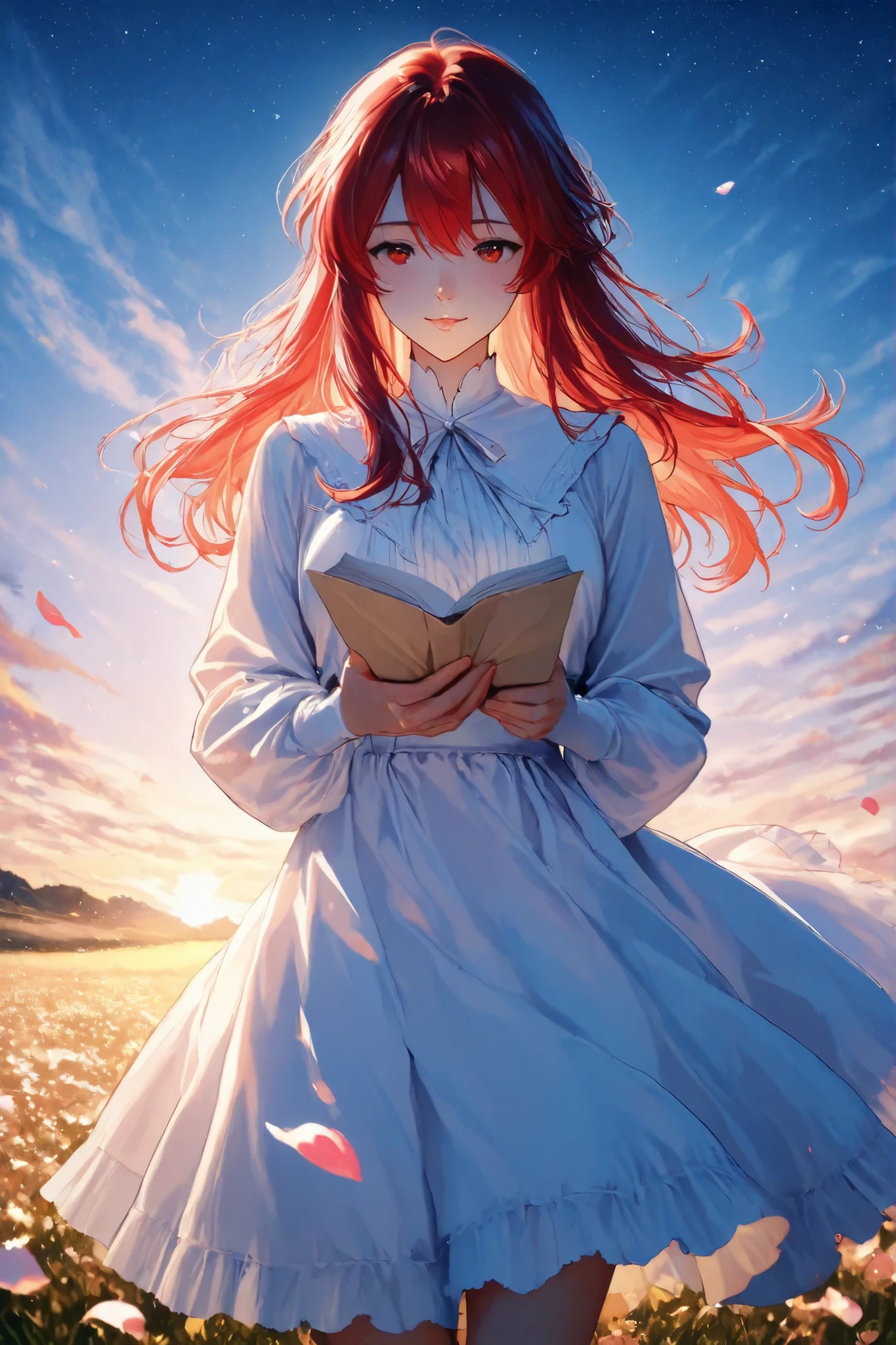 with petals dancing above her lap、Girl Reading a Letter in the Field. The sky is golden , Moment standing still. expressed with dreamy light novel aesthetics, digital pastel illustration. emphasizes the texture of paper, Redness , Petal movement . 8K pictorial accuracy, Soft rim lighting, Poetic story style.