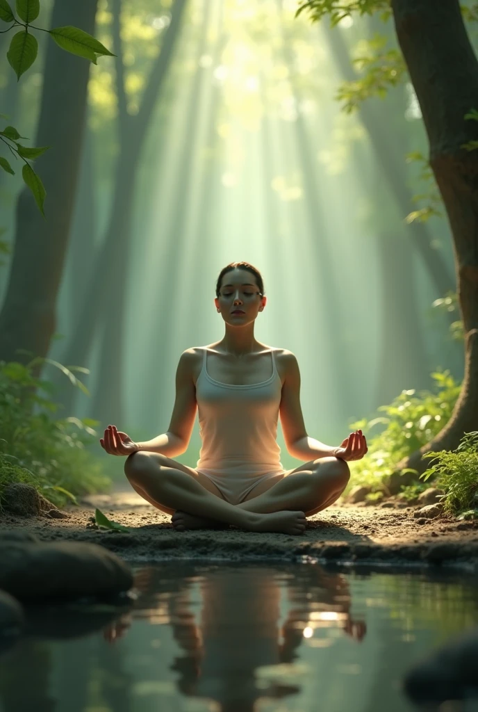 photorealestic，ln the forest，femele，yoga，Open the legs，bodily fluids