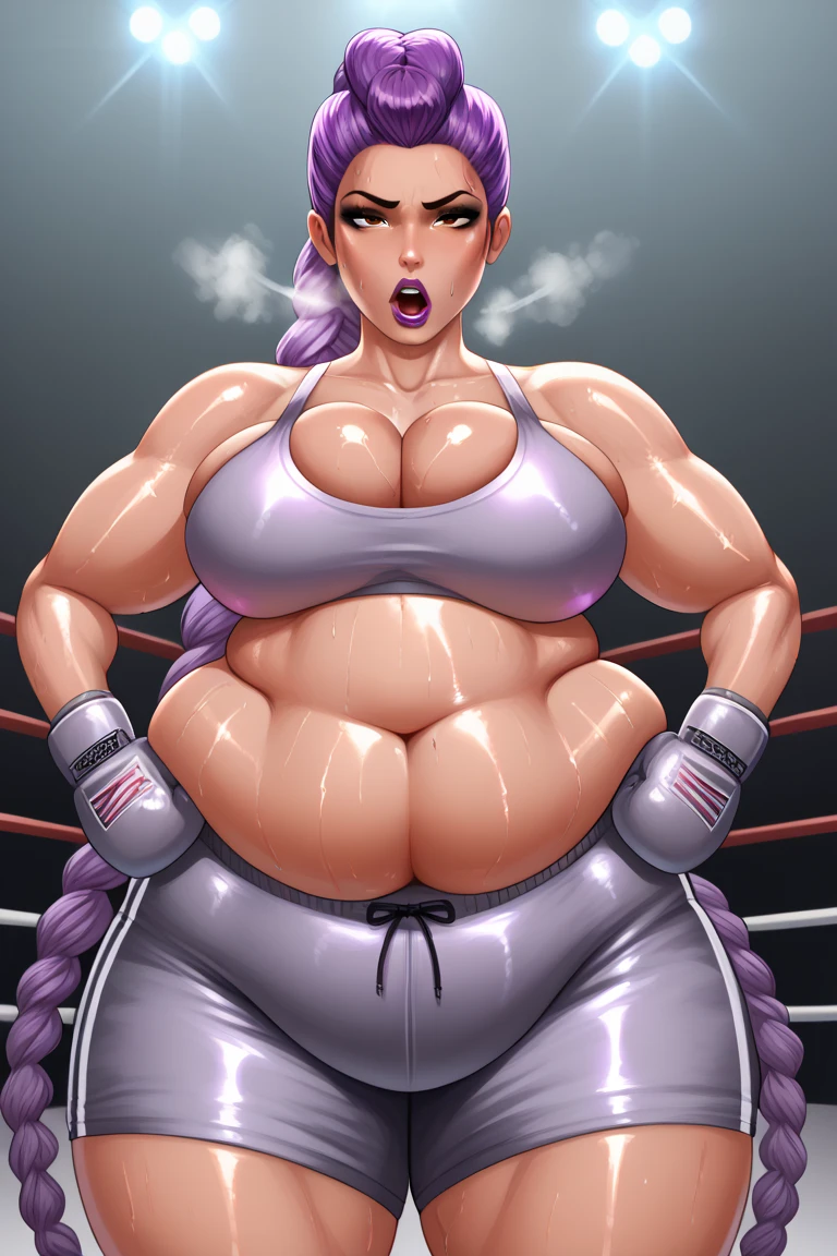((Dark skin)), dark skinned female, ((giantess)), ((strongfat)), ssbbw, obese, ((strong arms)), white hair, blue eyes, ((tall)), (gentle smile), (wrestling gear), gigantic, insanely large belly, sweaty, subtle blush, (???? arms), ((biceps)), leotard, fingerless gloves, wrestling ring background, clear face, large eyes, ((???? towards viewer)), ((????)), ((inflated booty))