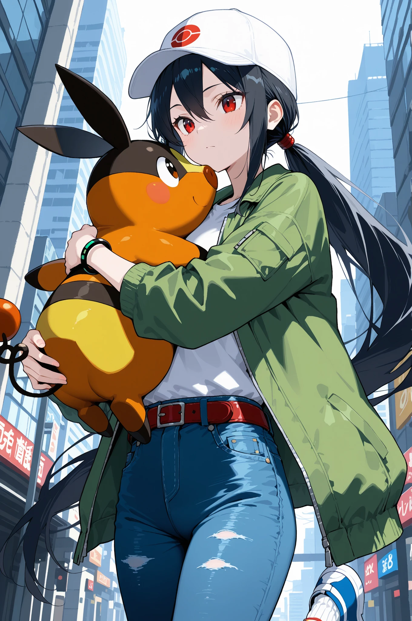 masterpiece, best quality, highres, ultra-detailed, extremely detailed, sharp focus, 8k, UHD, cinematic lighting, beautiful lighting, soft shading, shading, sharp lines, anime style, perfect anatomy,
beautiful girl, 1girl, straight hair, long black hair, long low ponytail, bangs between eyes, sidelocks, red eyes, Black hair tie, (tsurime:0.8), slim, (15 years old), (Small breasts:0.5), hat, white headwear, open jacket, green jacket, long sleeves, single bracelet, white shirt, blue pants, jeans, wide pants, belt, white socks, ribbed socks, shoes, multicolored footwear, blue footwear, In the big city, hugging Tepig, clear sky, upper body, Fletchling