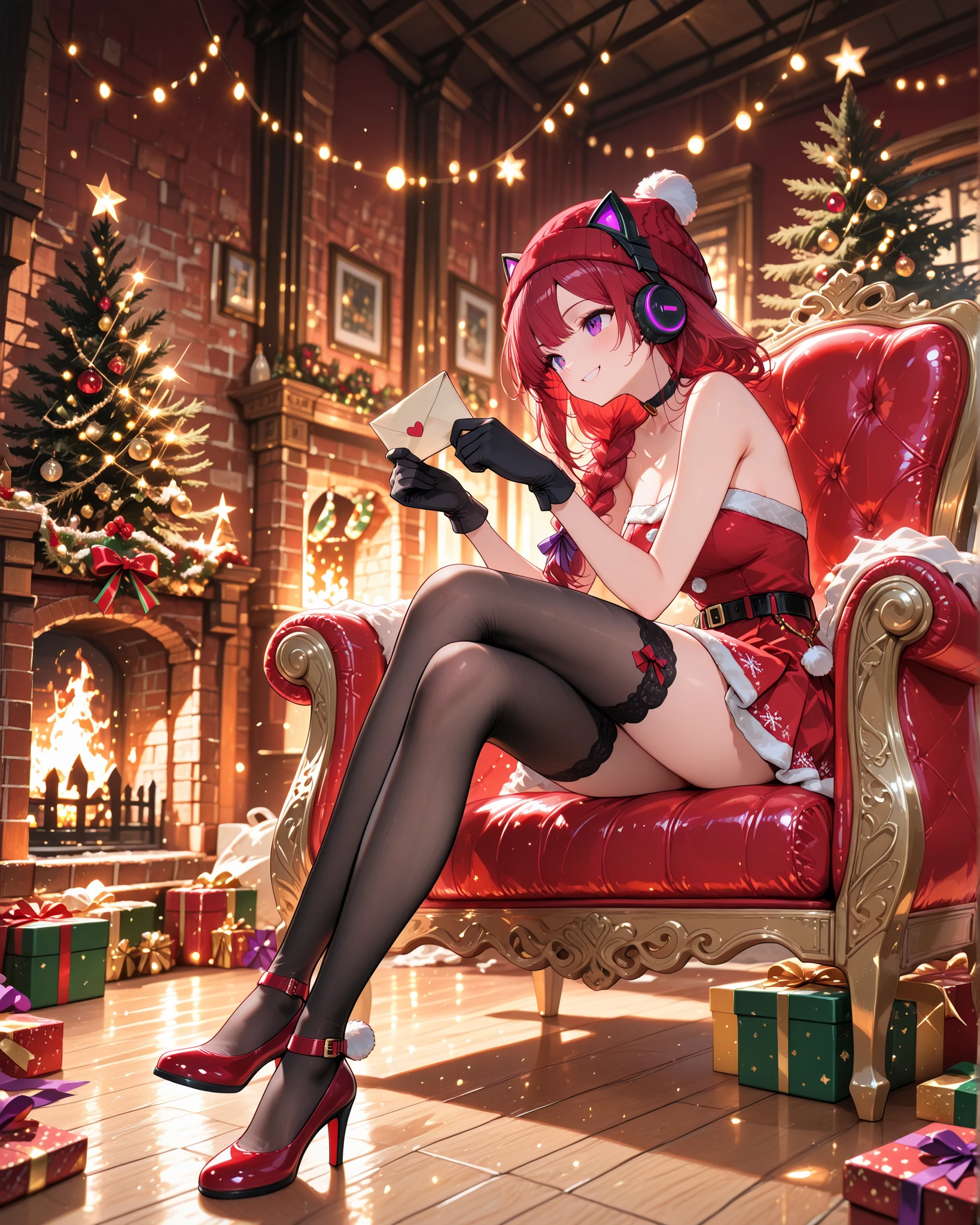 side angle, (masterpiece, 4k, ultra-detailed, vivid and vibrant colors), {Jessy}: (a beautiful and attractive woman, long red hair, purple eyes, wearing a cat-ear headset and a red beanie with a white pompom on the end, falling to the side of her face, her hair has a very detailed braid that falls on her shoulder, she wears a short, strapless red dress, with white details on the hem of the skirt as if it were snow, long black stockings with details reminiscent of Christmas and red high-heeled shoes, long black gloves up to her elbows, she is sitting on a very well-padded red throne, legs crossed and holding a letter with both hands in front of her face, smiling mischievously and looking), a cozy house, illuminated by a fireplace in the background, a large pine tree next to it decorated with Christmas ornaments and lights, on the wooden floor several gift boxes wrapped in red paper and purple ribbons