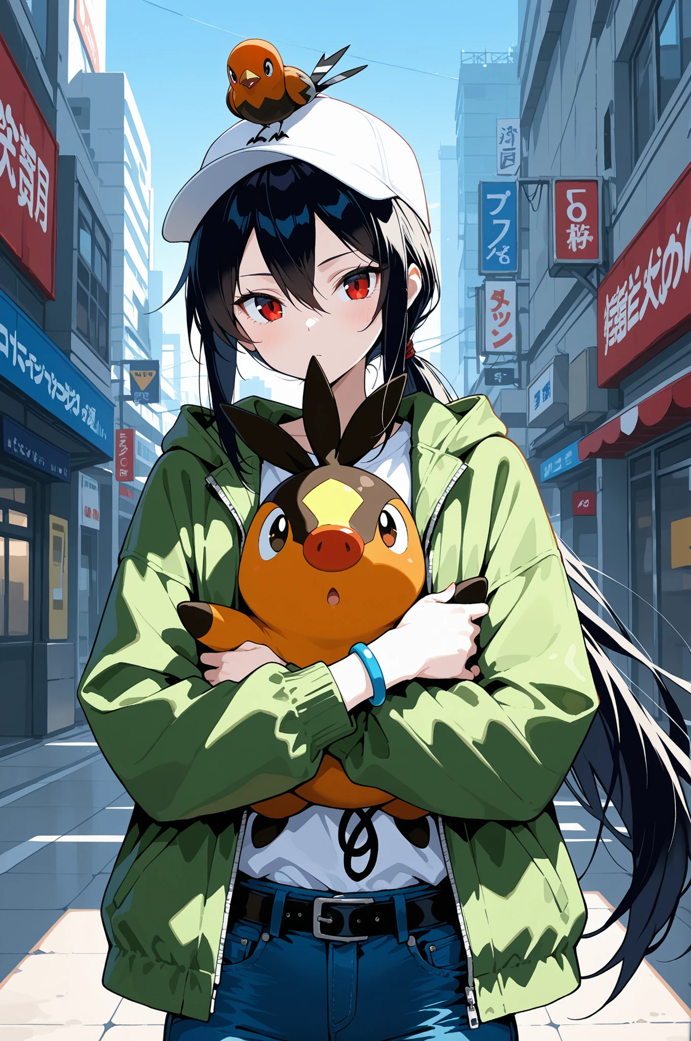 masterpiece, best quality, highres, ultra-detailed, extremely detailed, sharp focus, 8k, UHD, cinematic lighting, beautiful lighting, soft shading, shading, sharp lines, anime style, perfect anatomy,
beautiful girl, 1girl, straight hair, long black hair, long low ponytail, bangs between eyes, sidelocks, red eyes, Black hair tie, (tsurime:0.8), slim, (15 years old), (Small breasts:0.5), hat, white headwear, open jacket, green jacket, long sleeves, single bracelet, white shirt, blue pants, jeans, wide pants, belt, white socks, ribbed socks, shoes, multicolored footwear, blue footwear, In the big city, hugging Tepig, clear sky, upper body, Fletchling on head