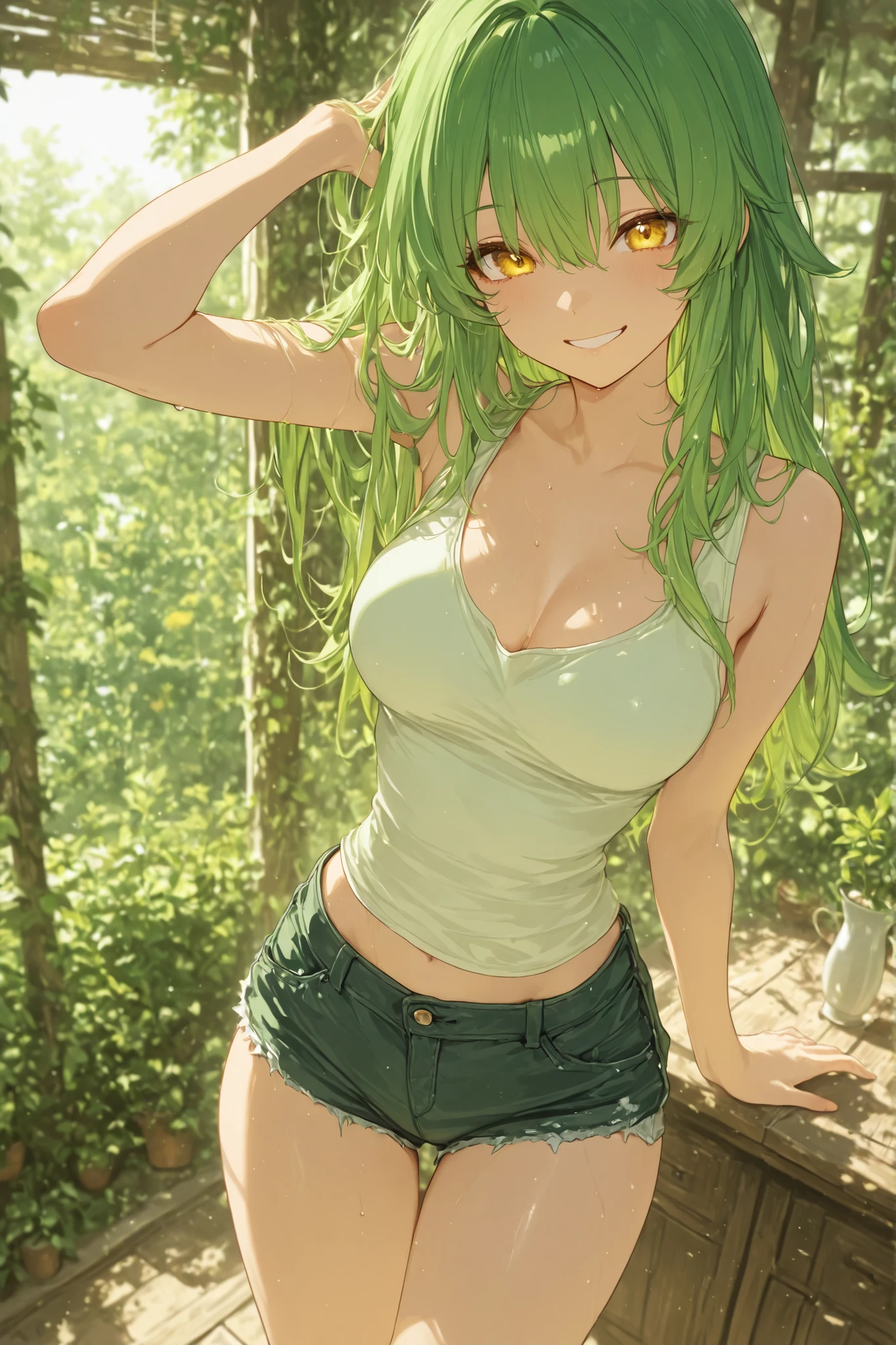 ((top quality)), ((Masterpiece)), ( details), animation、top quality、details,women body, yellow eyes, green hair, smile, no make, short pants and tank top, green Garden