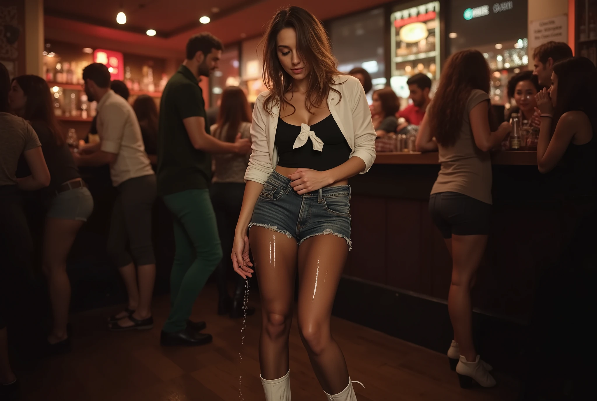 Photorealistic full body picture of a beautiful brunette European girl, totally drunk and wasted, wearing wet denim shorts with totally wet black tights underneath, short white socks, ankle boots, black leotard, white knotted shirt, peeing herself in crowded bar. 