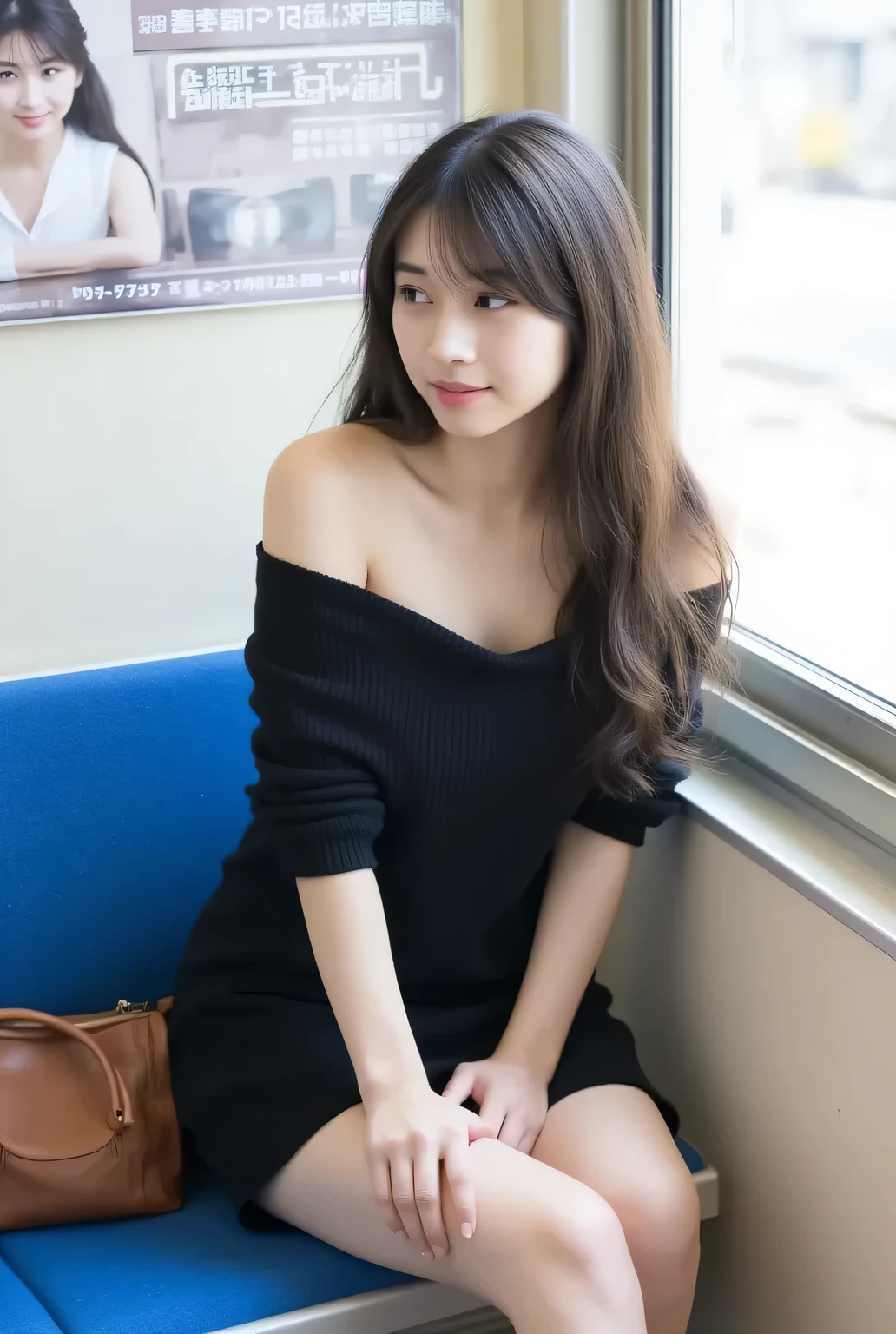 A young, beautiful Japanese woman sits on a blue subway seat wearing a miniskirt (playfully lifting it to reveal her panties: 1.5) and an off-the-shoulder black knit dress. She sits with her arms crossed and her legs crossed. Her long brown hair is softly curled and hangs over her shoulders. Her expression on stage is natural and calm. Next to her is a brown handbag. She is sleeping peacefully on a real Japanese train. There is an advertisement overhead, and coincidences align. Realistic and cinematic lighting, natural colors, shallow depth of field. Cashier-style, NSFW