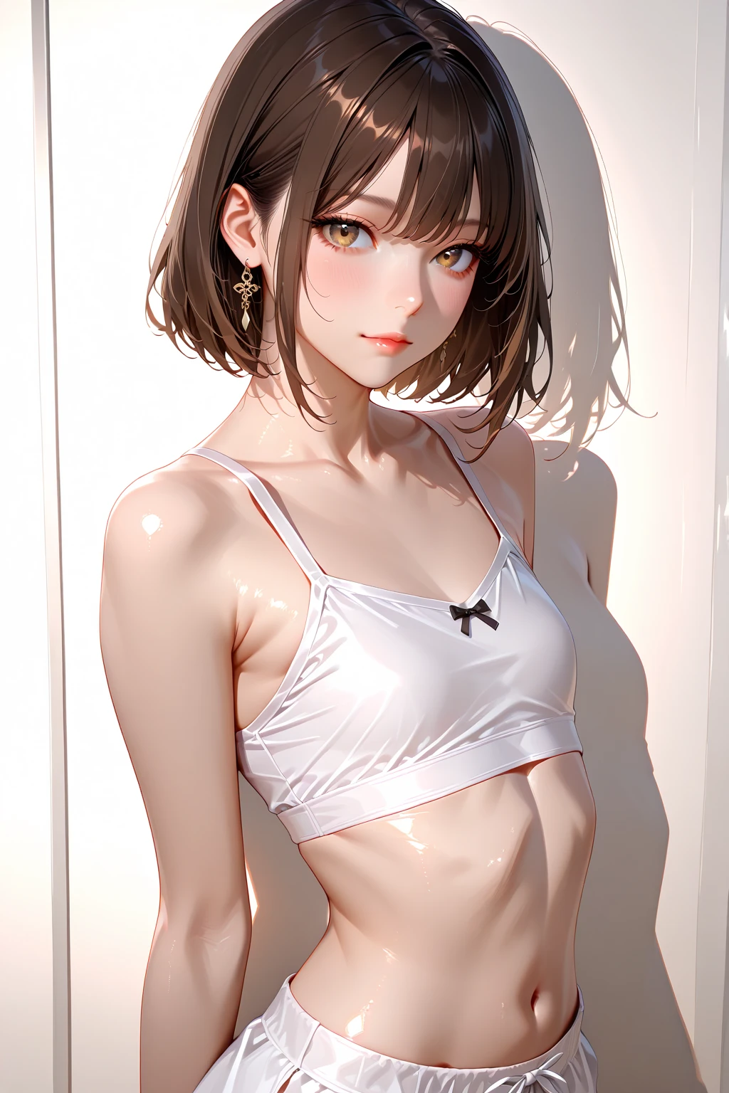 Highest quality、Realistic、zoom、man、cute、Grey Eyes、Light brown hair、short hair、White briefs、thin、Pouting、、shower room、Cowboy Shot