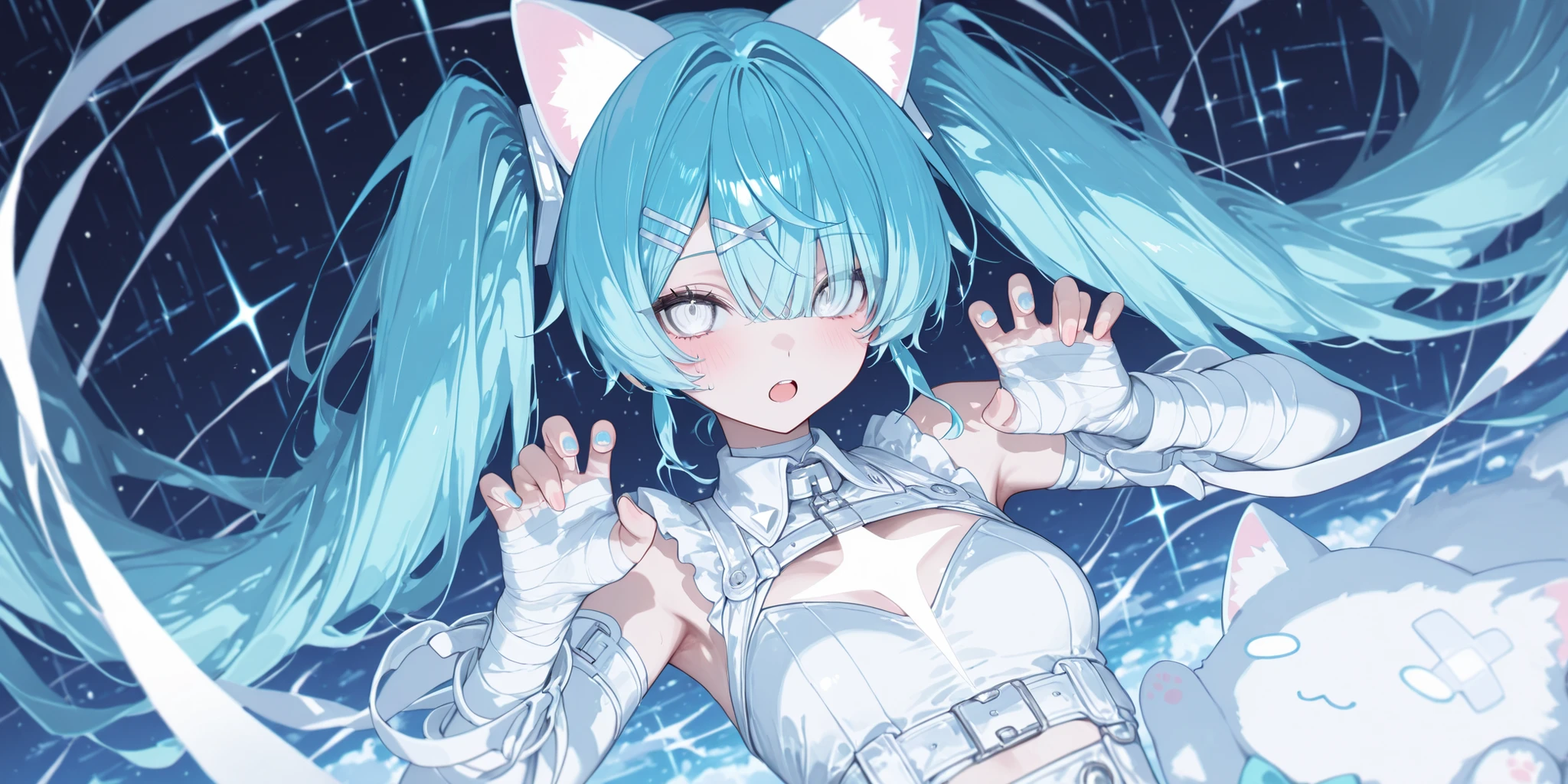 top quality、Ultimate Details、1 girl、Hatsune Miku、Blue hair main、large center part、tingling texture、thread、clear eyes、 white eyes、X in the eye、Cool Gaze、 Sharp-looking、pretty profile、Dancing in the Wind、The background is blue、Dynamic Angle、Upper Body Shots、high image quality、8k resolution、Studio Animation、High Contrast、Best Aesthetics、thin waist、twin tails、Futuristic white and blue above the chest - food、hide one eye with hair、 razor hair clip、bandages on hands、fluffy white cat ears
