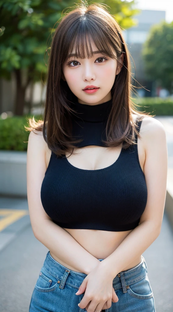 ((highest quality、8K、masterpiece:1.3))、full body esbian、sharp focus:1.2、perfect body beauty:1.4、slim abs:1.2、((dark black hair、huge :1.2))、tank top dress:1.1、(Street style:1.1)、Highly detailed face and skin texture、detailed eyes、二重まぶた、Japanese  idol