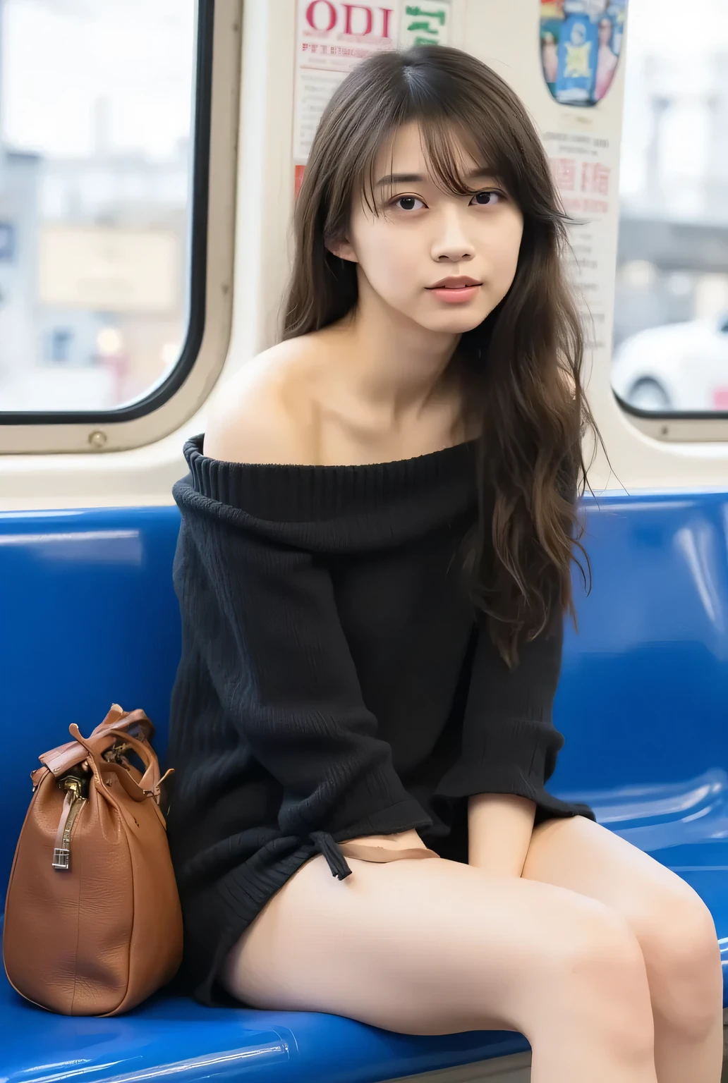 A young, beautiful Japanese woman sits on a blue subway seat wearing a miniskirt (playfully lifting it to reveal her panties: 1.5) and an off-the-shoulder black knit dress. She sits with her arms crossed and her legs crossed. Her long brown hair is softly curled and hangs over her shoulders. Her expression on stage is natural and calm. Next to her is a brown handbag. She is sleeping peacefully on a real Japanese train. There is an advertisement overhead, and coincidences align. Realistic and cinematic lighting, natural colors, shallow depth of field. Cashier-style, NSFW