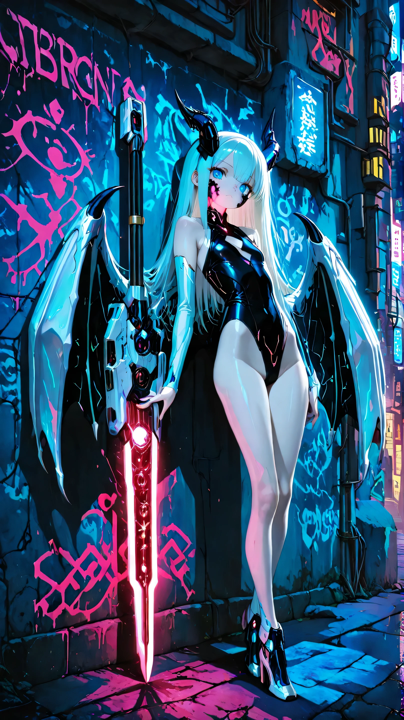 masterpiece, best quality, photography, ultra high resolution, faded color, ((scaled cheek)), dragon girl, cute face, pale skin, mechanical spear, slender body, slim body, long legs, long arms, small chest, blue eyes, white long hair, straight hair, cybernetic armor, battle armor, graffiti written as "magician", sleeveless, high-leg, urban, concrete wall, shadow, detailed eyes, sharp eyes, ((spread dragon wings)) artificial light, night